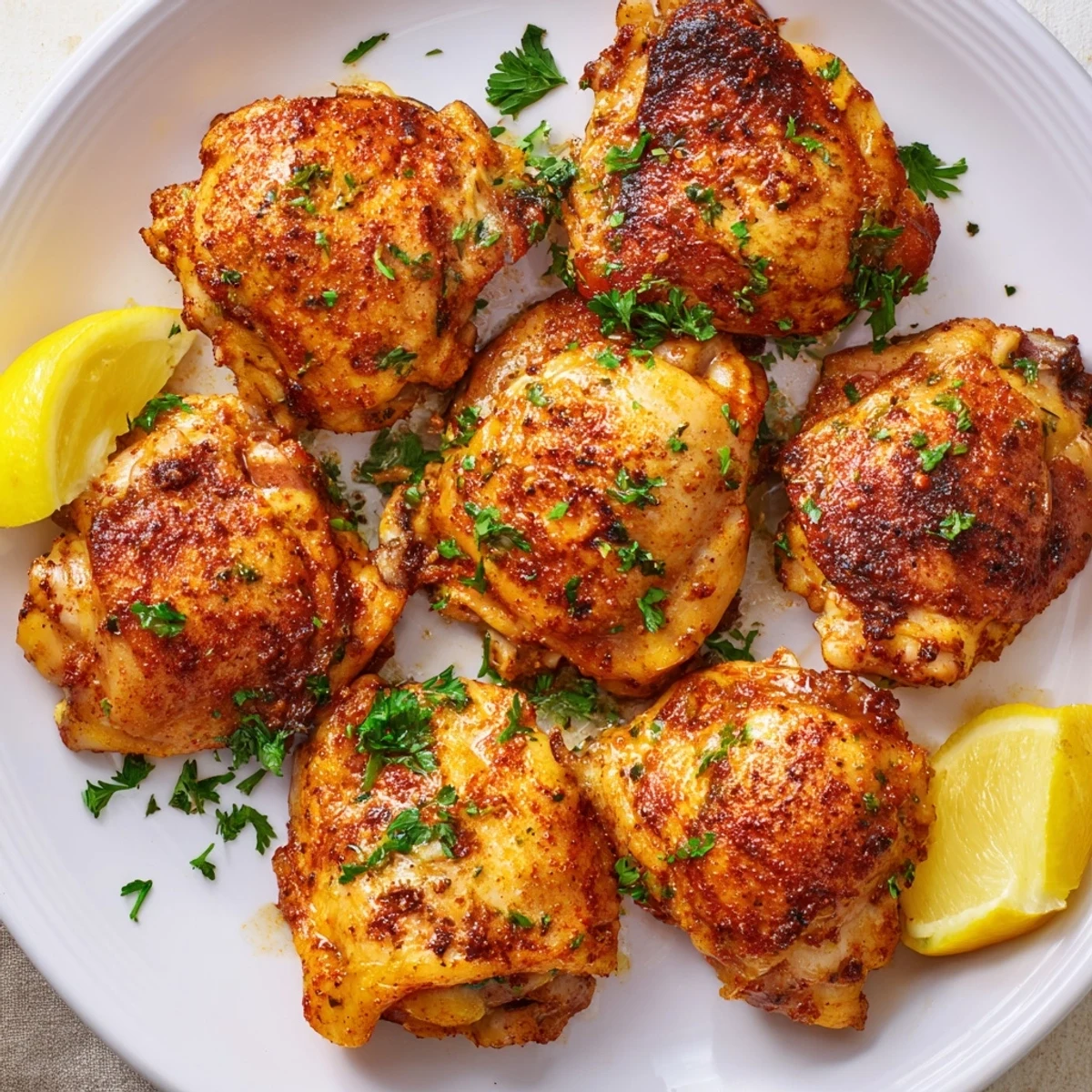 Golden brown ultimate boneless skinless chicken thighs fresh from the oven with aromatic herbs