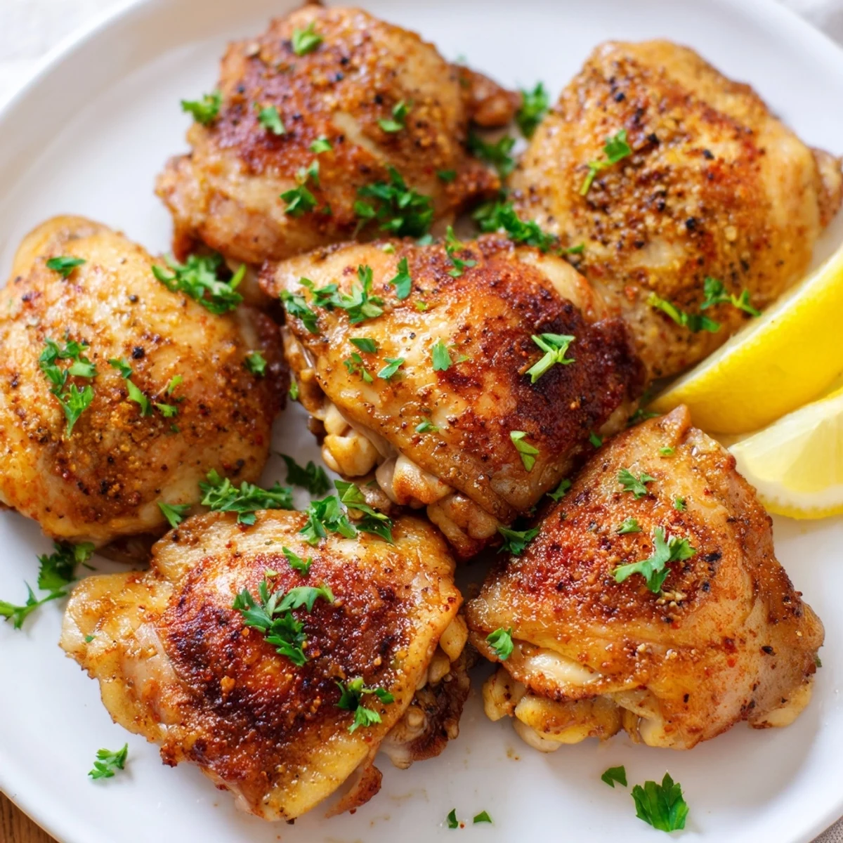 Perfectly seared ultimate boneless skinless chicken thighs resting on a white serving platter