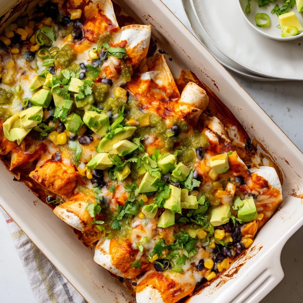 Golden cheesy salsa verde chicken enchiladas bubbling in a baking dish with fresh cilantro garnish