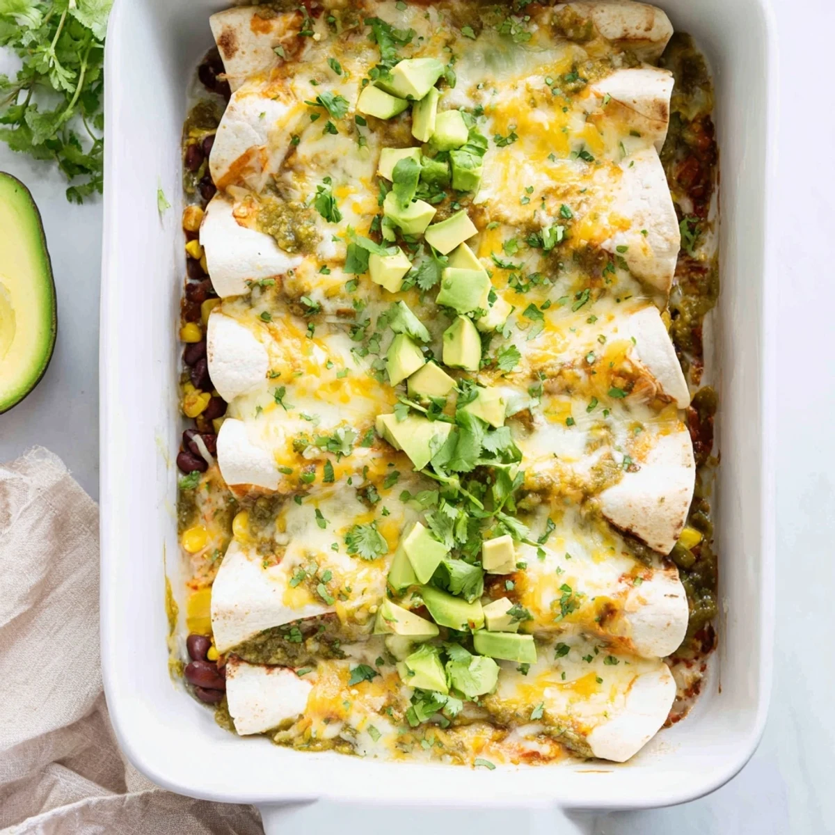 Rolled corn tortillas filled with seasoned chicken and black beans topped with melted Monterey Jack cheese