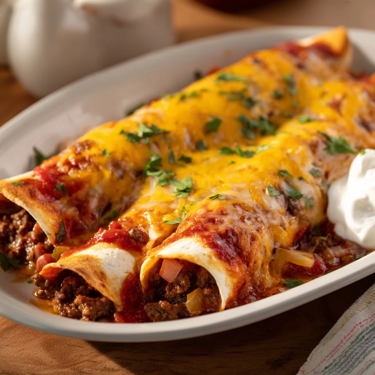 Golden savory beef enchiladas topped with melted cheddar and rich red sauce