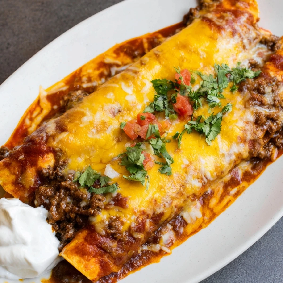 Family-style beef enchiladas smothered in enchilada sauce with bubbly cheese topping