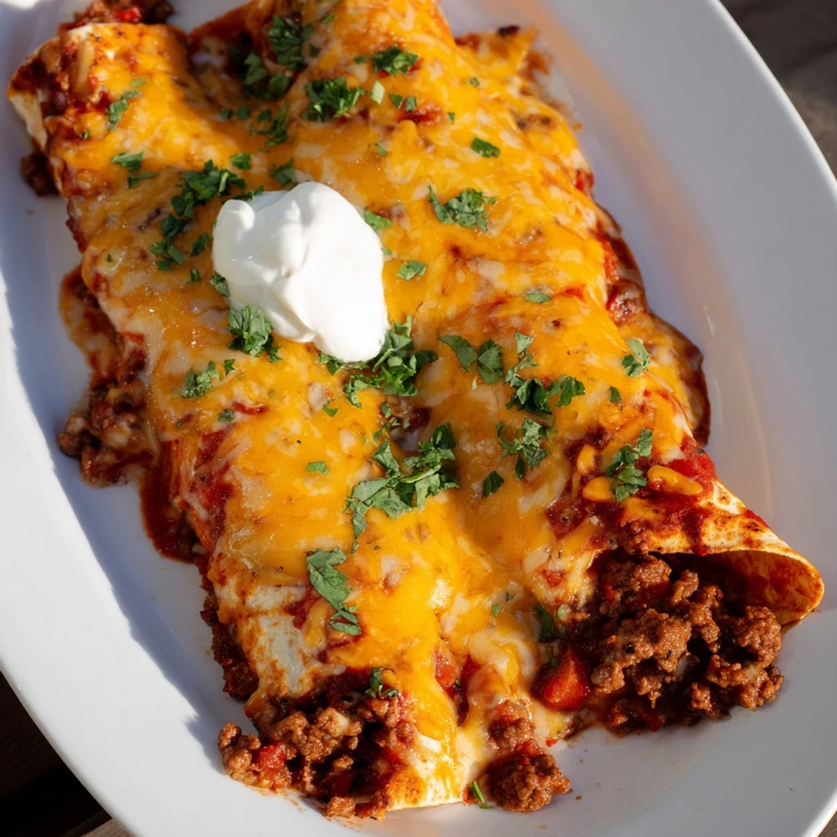 Baked beef enchiladas filled with seasoned ground beef and Monterey Jack cheese