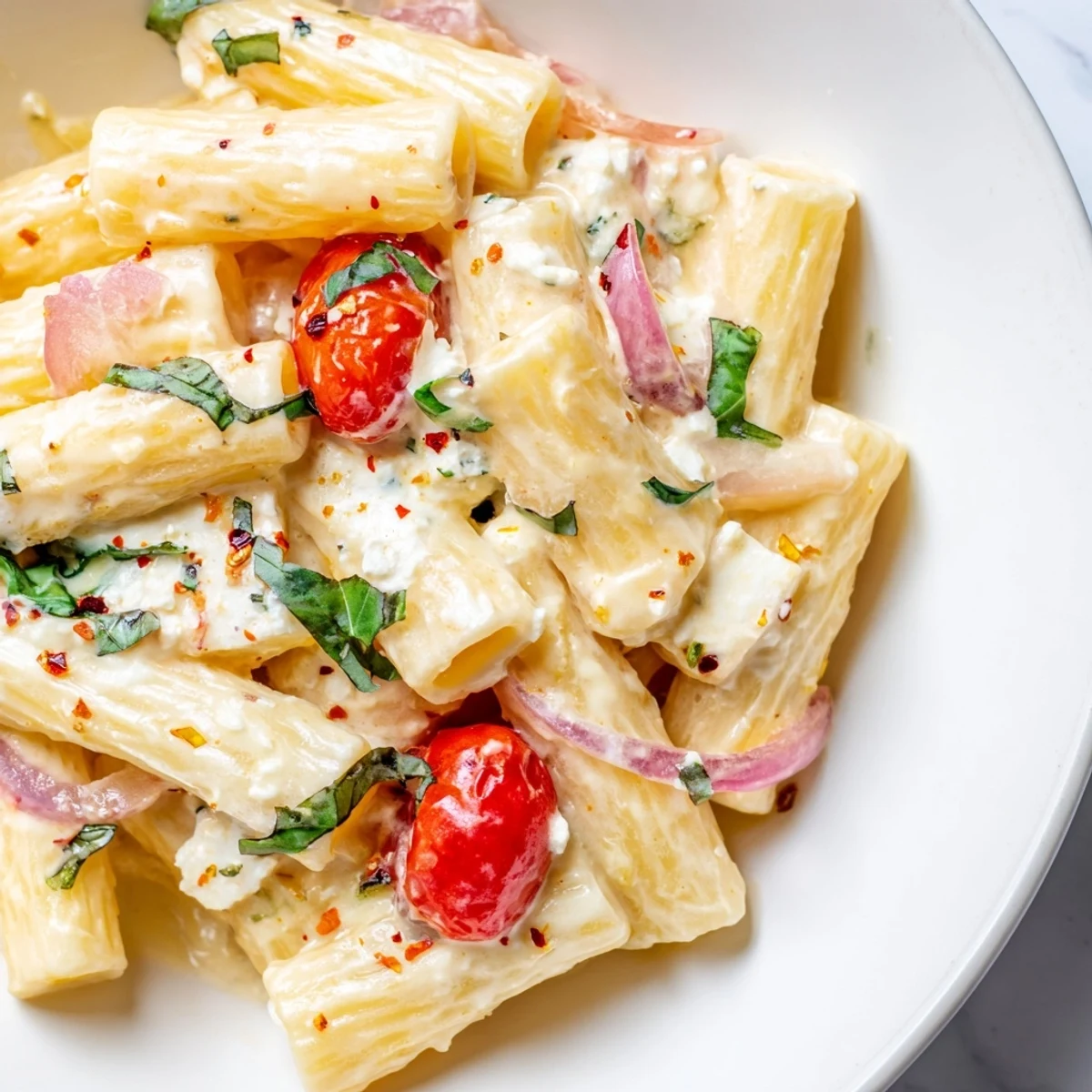 Golden roasted feta cheese surrounded by burst cherry tomatoes creates a luscious creamy feta pasta sauce
