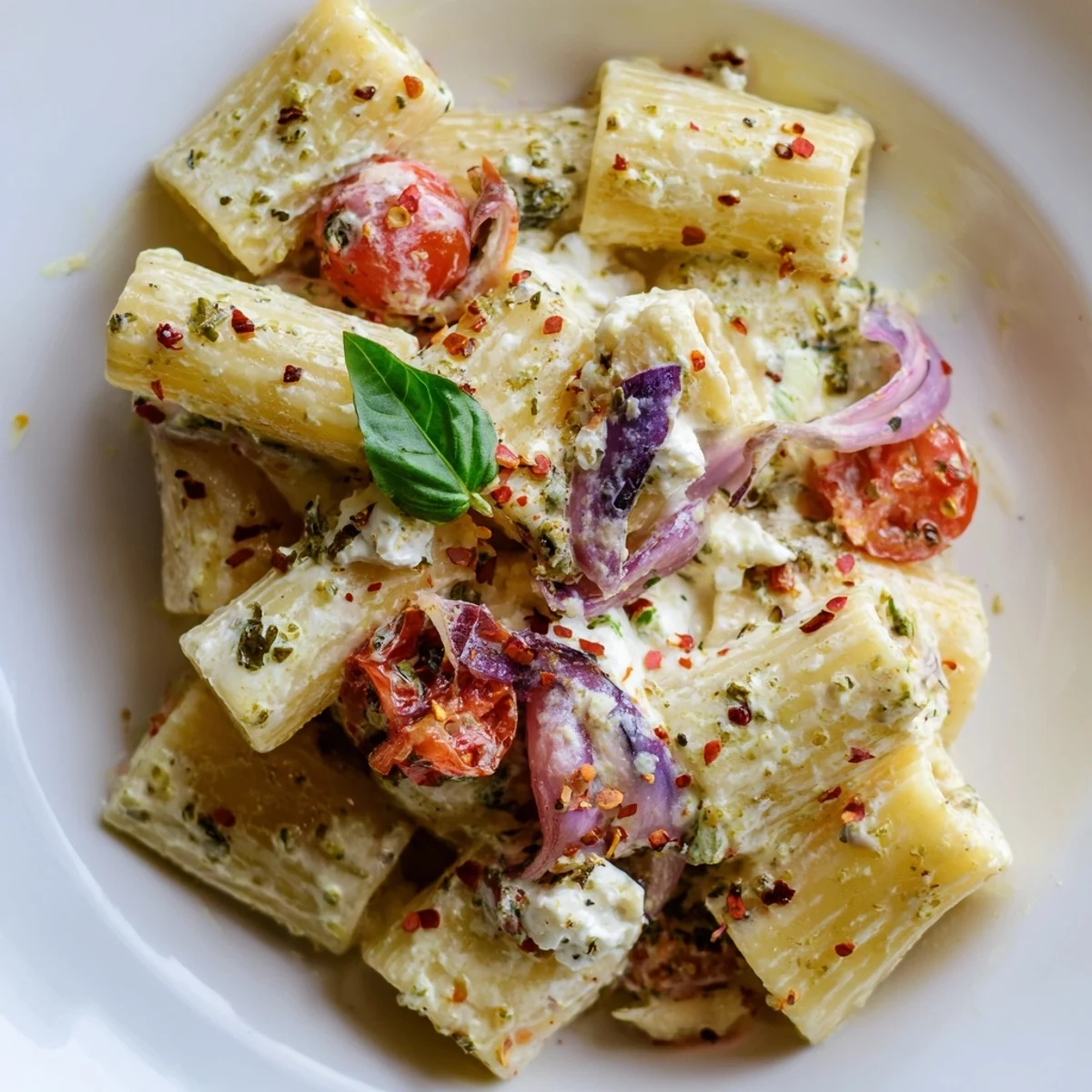 Twirled pasta coated in rich tangy feta and roasted tomato sauce garnished with fresh basil leaves