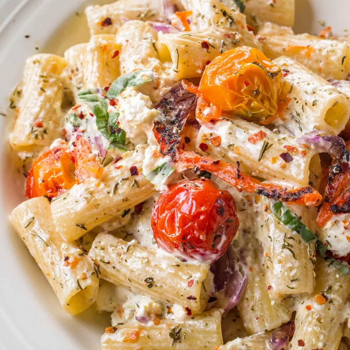 Creamy feta pasta dish featuring bubbling cheese and sweet cherry tomatoes ready for easy weeknight dinner