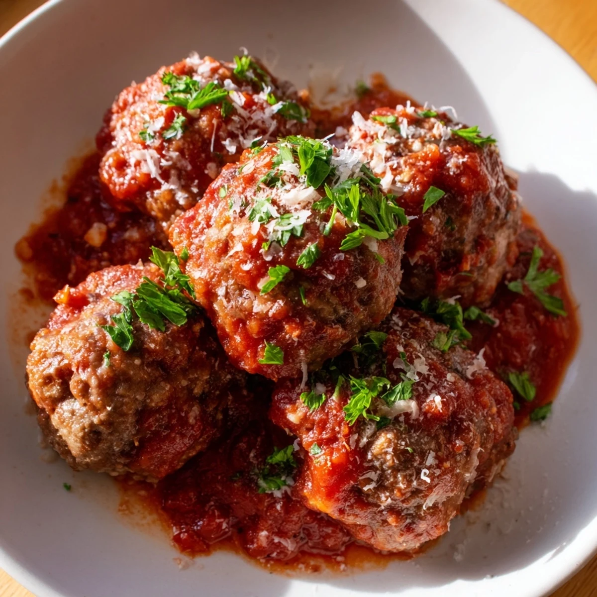 Golden brown authentic Italian meatballs served over pasta with freshly grated Parmesan cheese topping