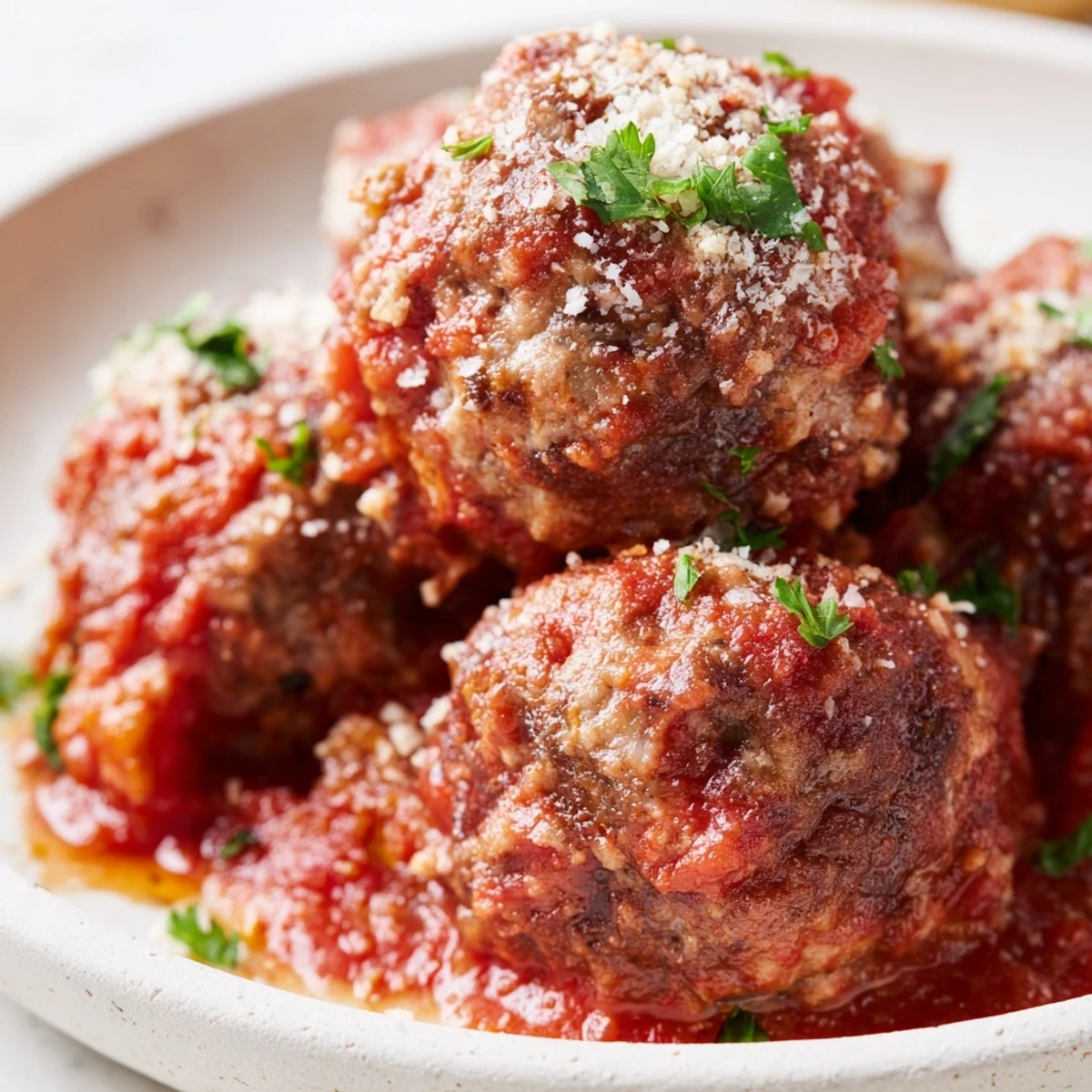 Homemade authentic Italian meatballs in thick savory tomato sauce alongside crusty bread for dipping