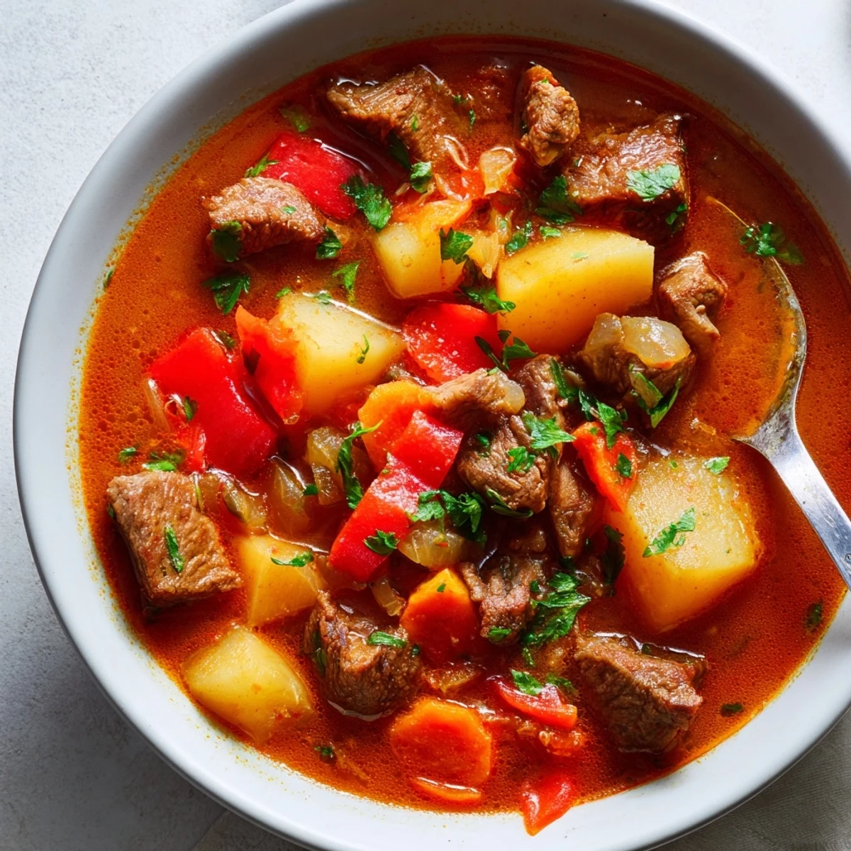 Steam bowl of Slow Cooker Hungarian Goulash featuring tender beef chunks, red bell peppers, and potatoes in rich paprika broth