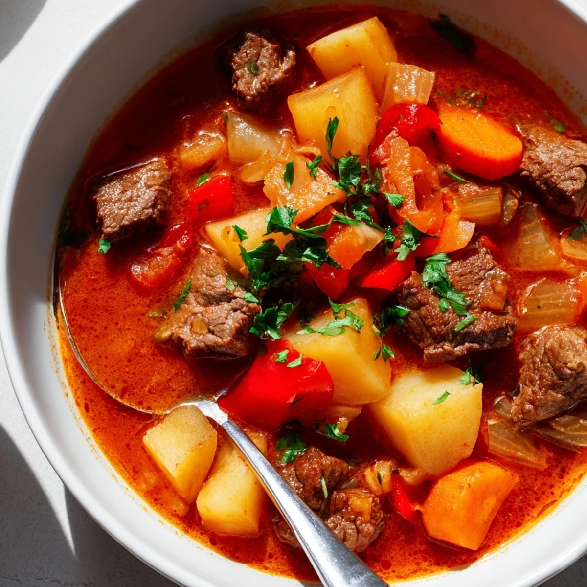 Hearty Slow Cooker Hungarian Goulash topped with fresh parsley and sour cream, served with rustic crusty bread for dipping