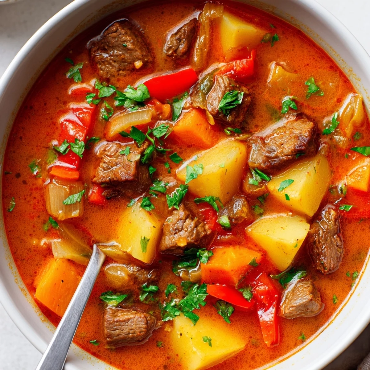 Close-up of Slow Cooker Hungarian Goulash showcasing melt-in-your-mouth beef, colorful vegetables, and fragrant caraway-spiced tomato sauce