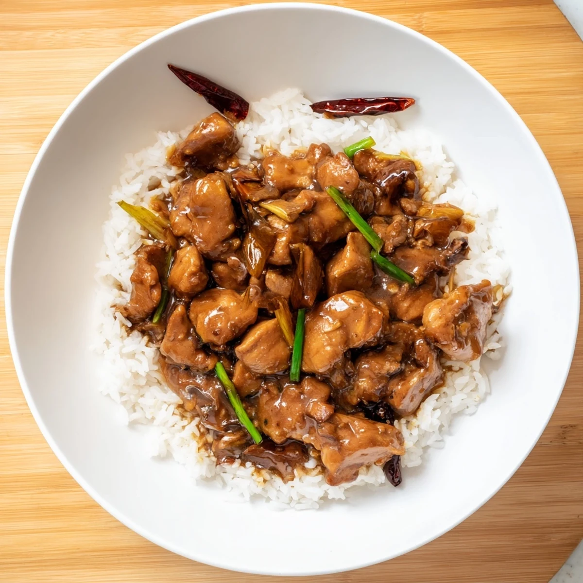 Sizzling skillet of Mongolian chicken pieces swimming in caramelized soy ginger sauce topped with chopped scallions