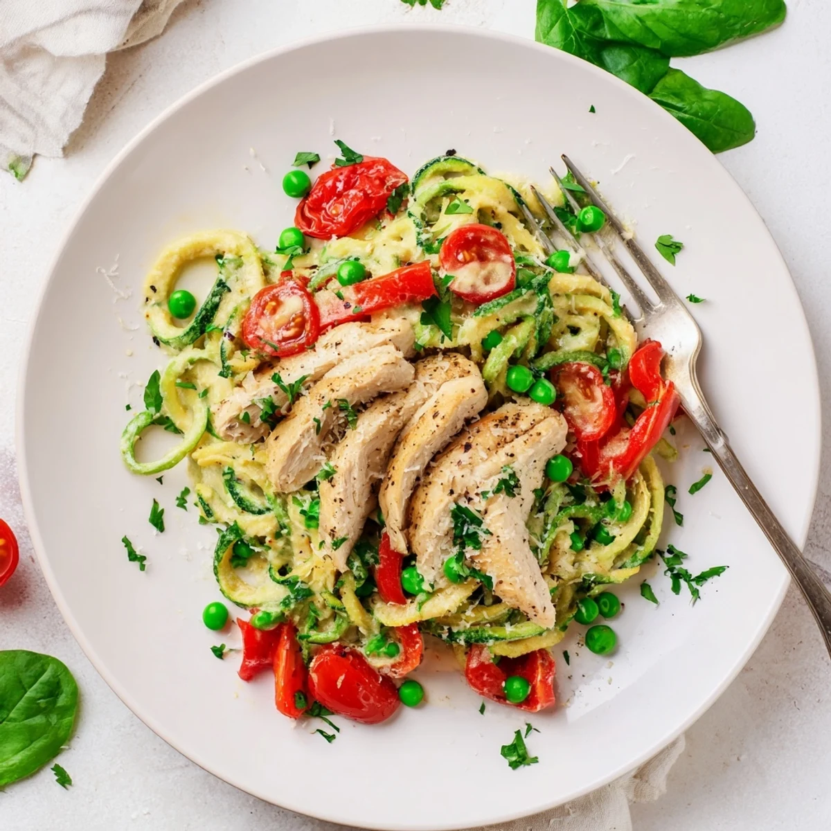 Creamy zucchini noodle chicken Alfredo topped with colorful bell peppers and cherry tomatoes in a white bowl