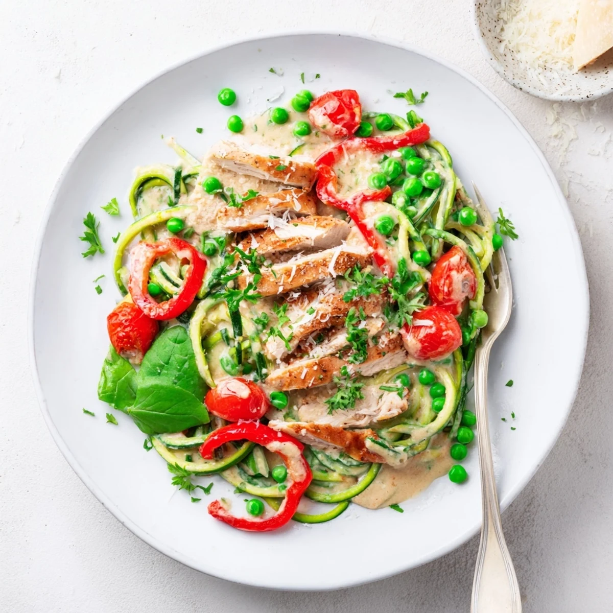 Savory chicken Alfredo with spiralized zucchini noodles and fresh spinach garnished with Parmesan cheese