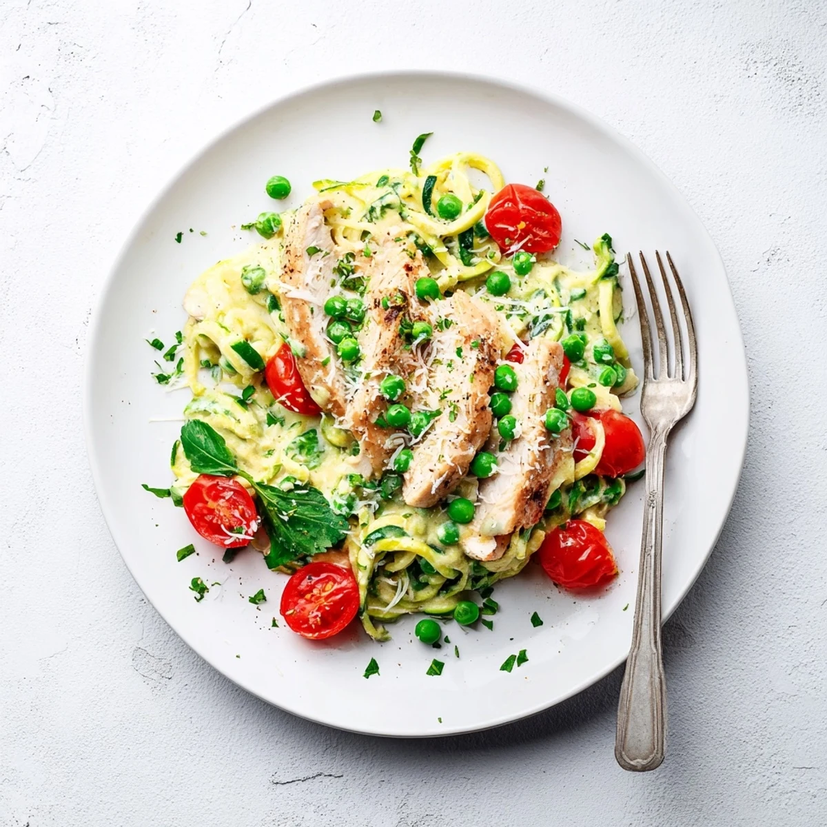 Protein-rich zucchini noodle chicken Alfredo featuring tender chicken strips and vibrant vegetables in a rustic shallow bowl