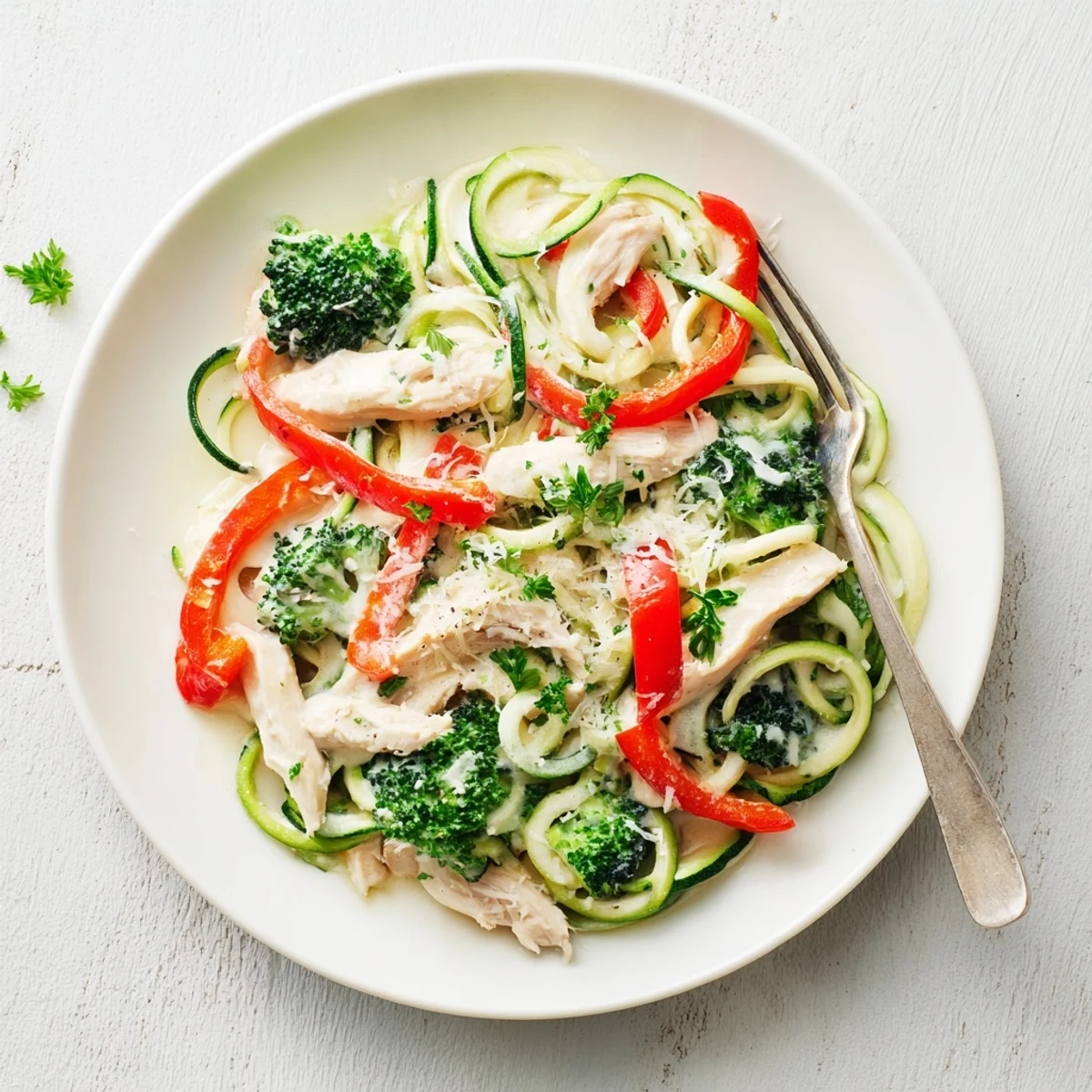 Creamy zucchini noodle chicken Alfredo topped with tender chicken strips, broccoli, and red bell pepper in a rich Parmesan sauce