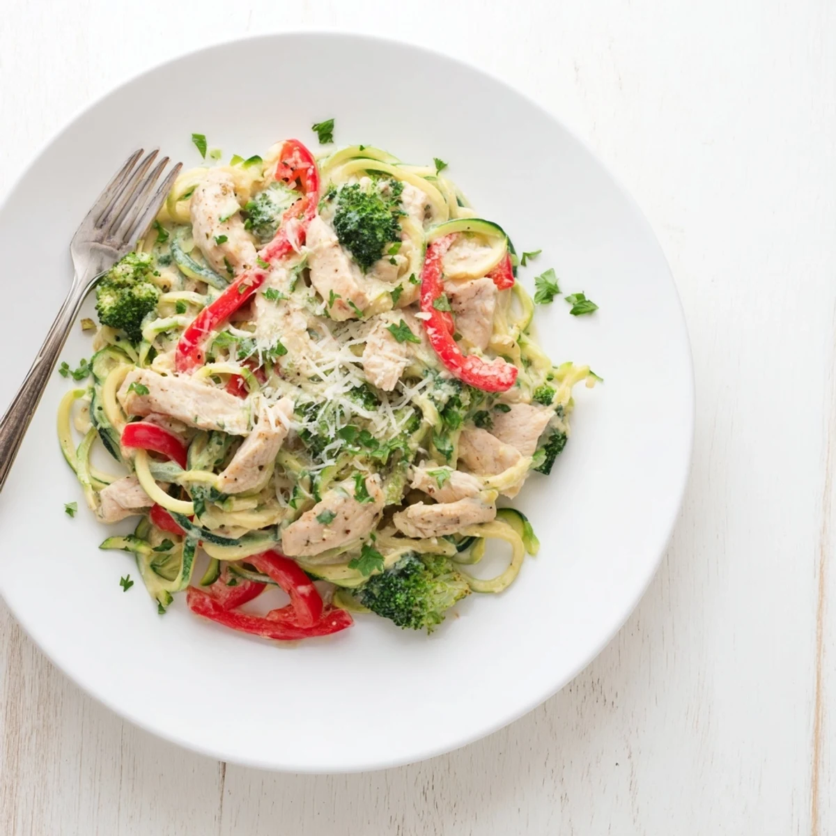Healthy low-carb chicken Alfredo with spiralized zucchini noodles, vibrant broccoli and bell peppers, sprinkled with fresh parsley and grated Parmesan