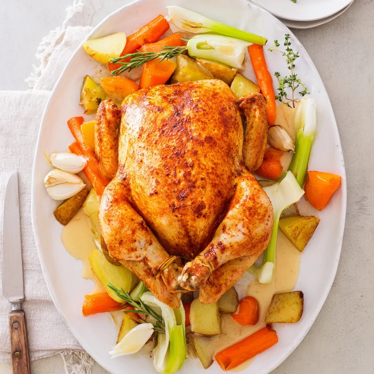 Golden whole Crockpot Chicken Pot Roast surrounded by tender carrots and potatoes in rich savory broth