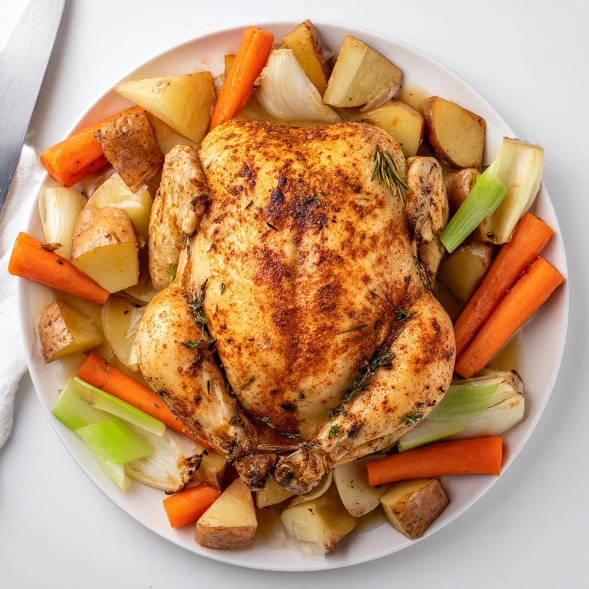 Comforting Crockpot Chicken Pot Roast displaying browned chicken nestled alongside soft vegetables in dark thickened gravy
