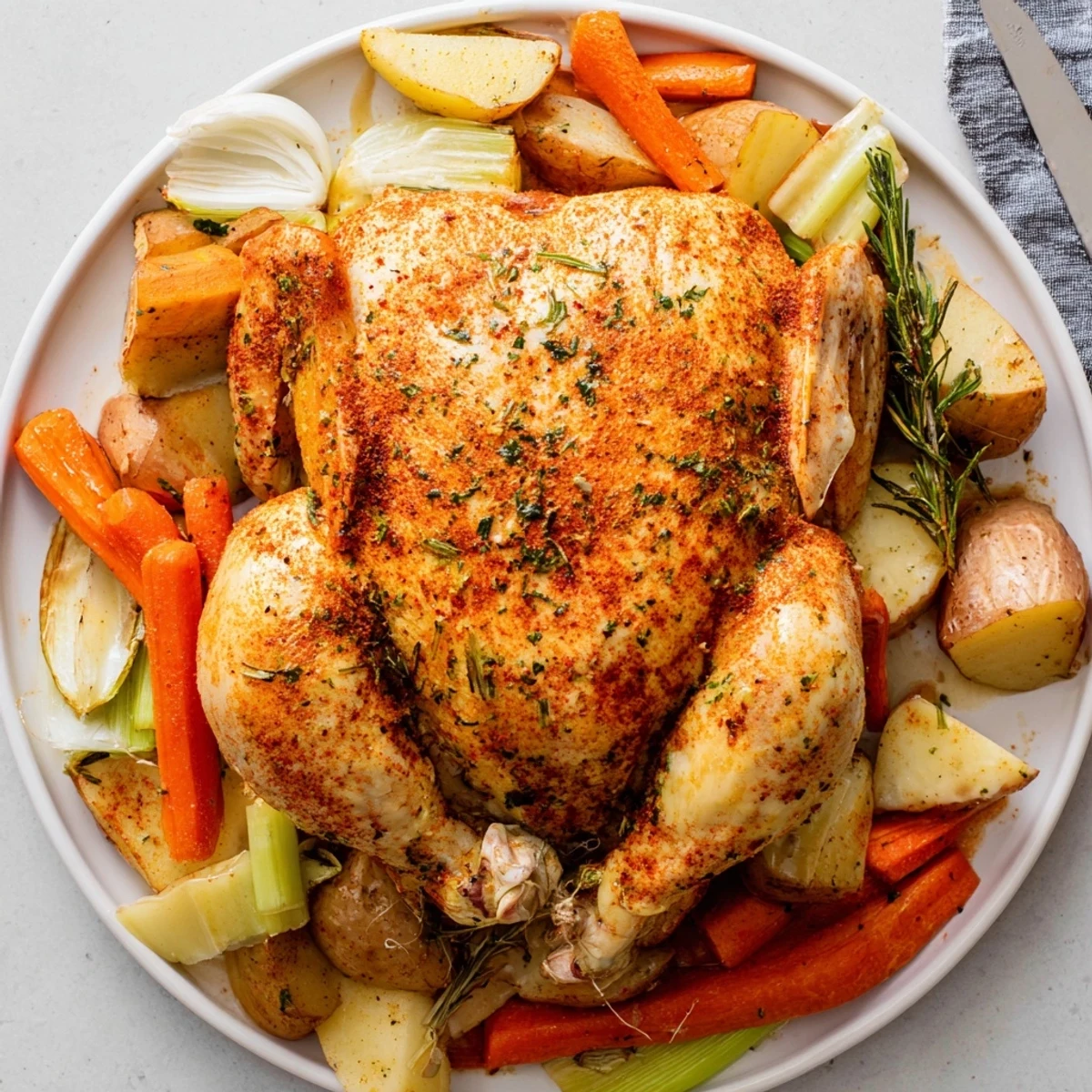 Slow-cooked Crockpot Chicken Pot Roast with moist meat, root vegetables, and herbs gathered in a serving dish