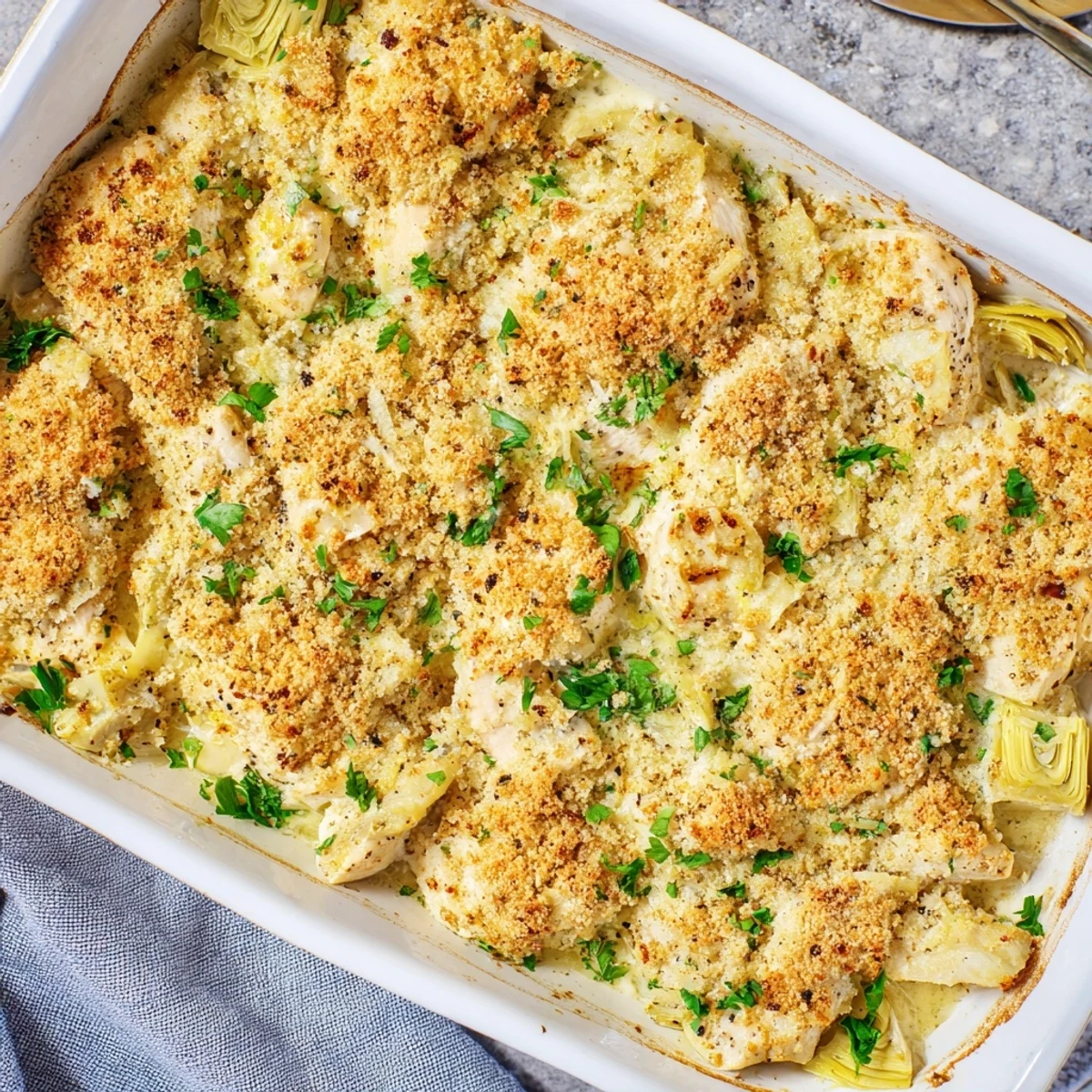 Golden brown artichoke chicken bake with bubbling cheese topping in a baking dish