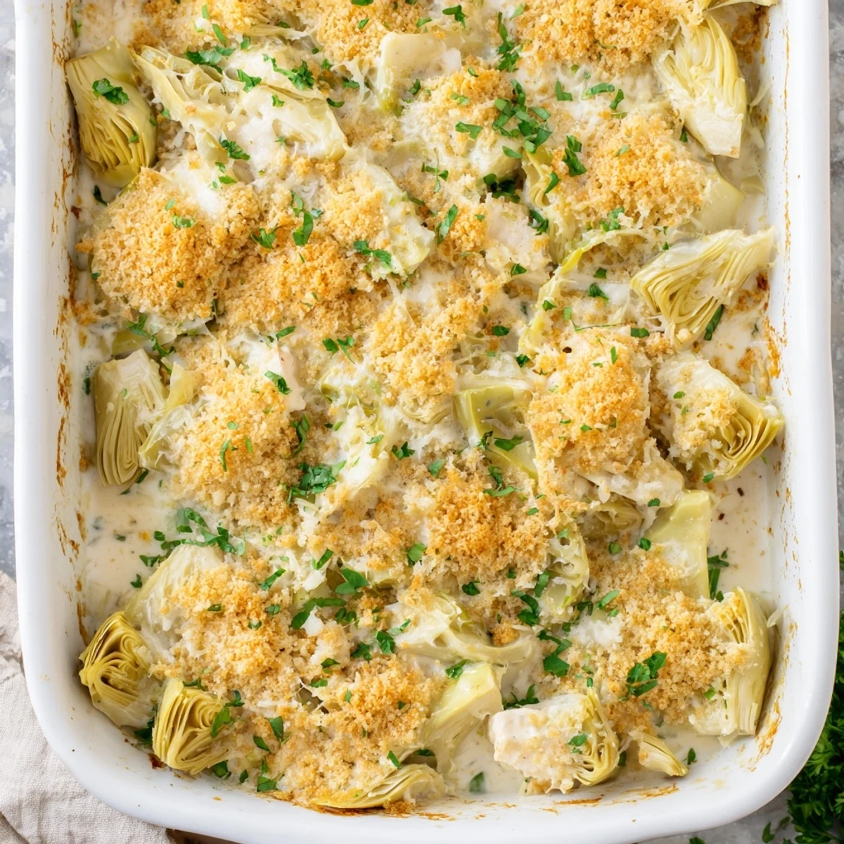 Artichoke chicken bake with crispy breadcrumb topping served on a white dinner plate