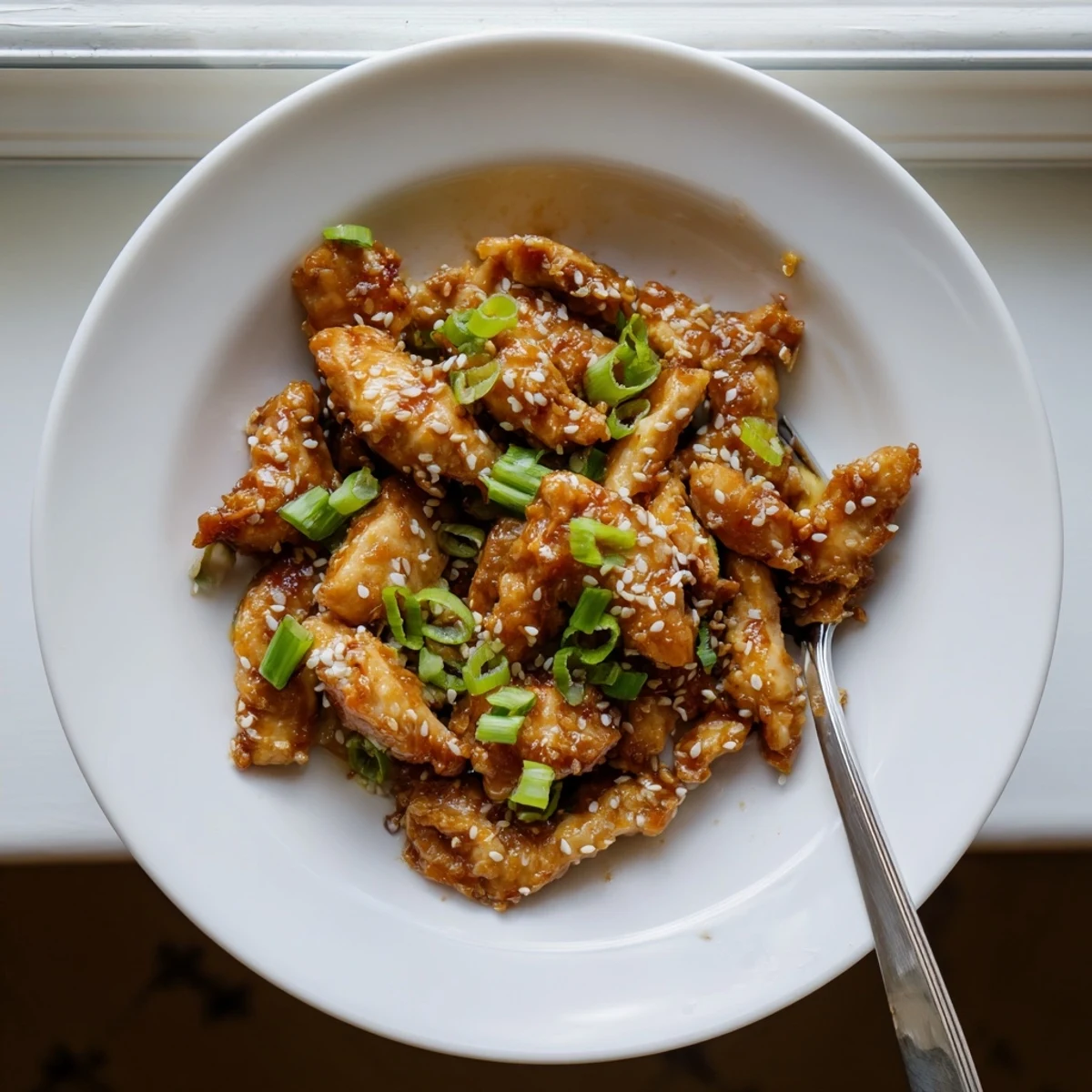 Tender shredded slow cooker chicken coated in rich sweet sesame glaze