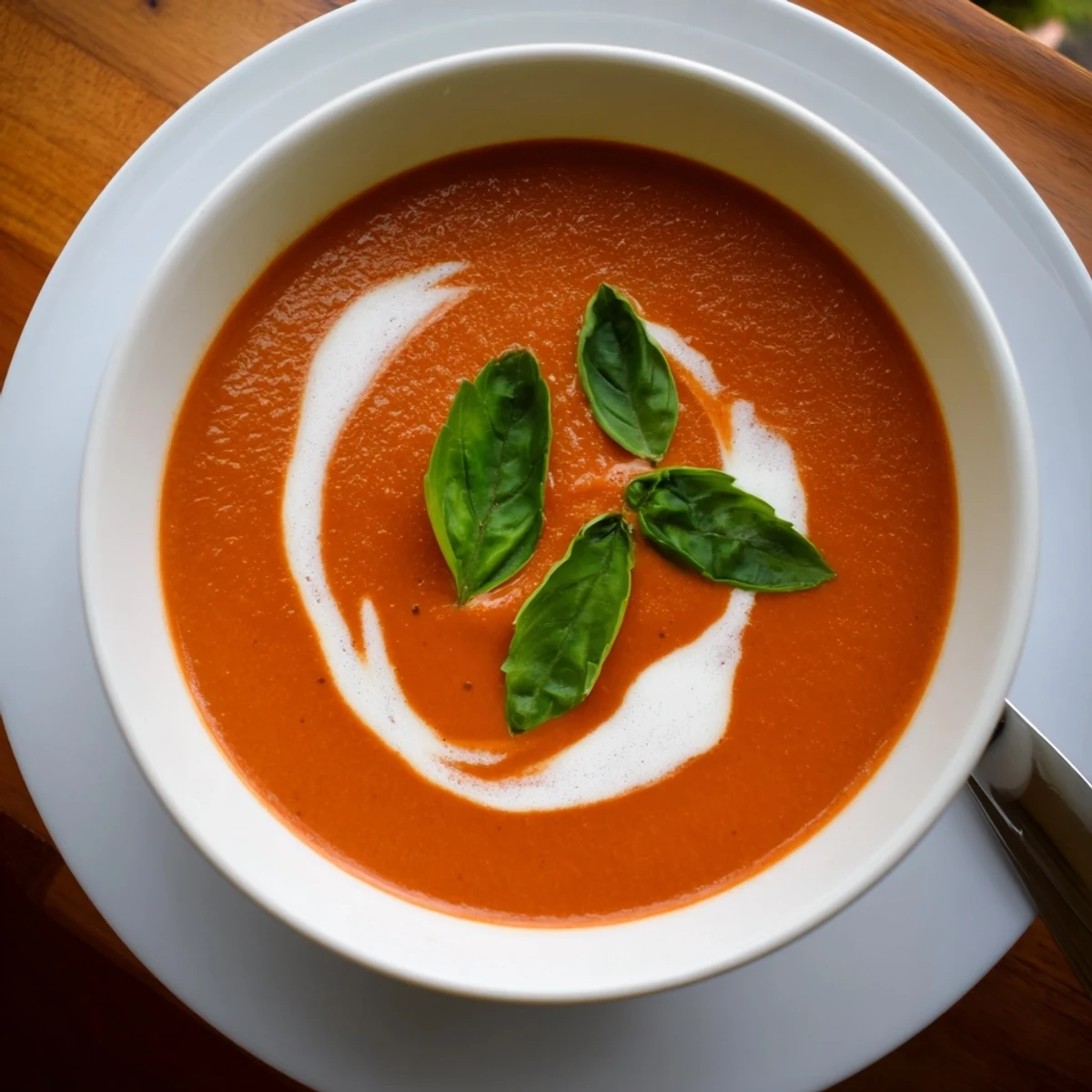 Creamy cozy tomato soup served in a white bowl with fresh basil garnish