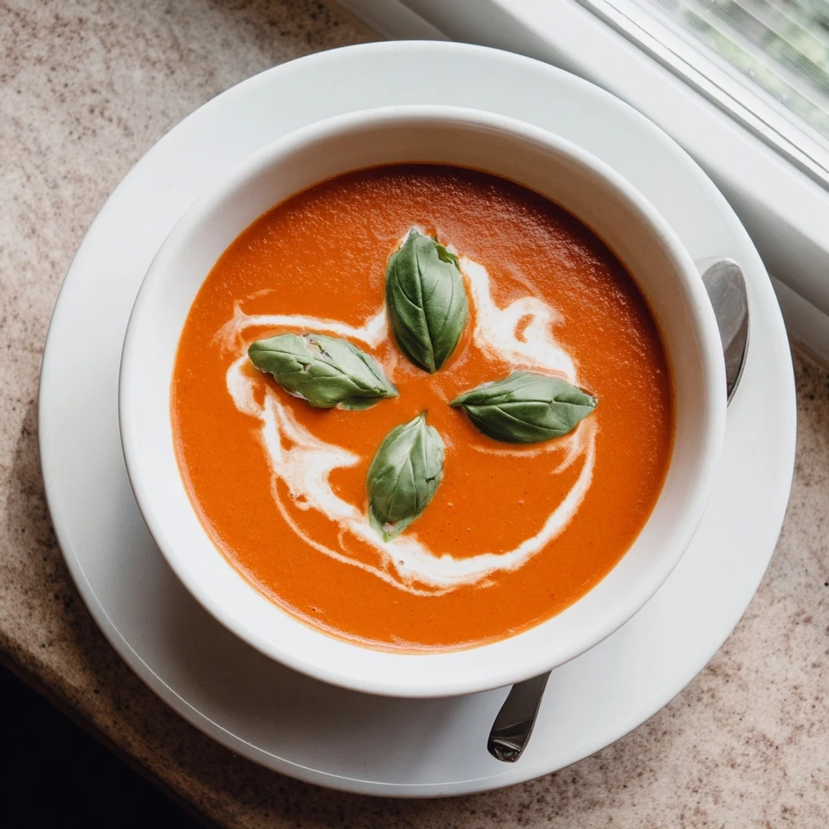Velvety cozy tomato soup with roasted tomato chunks and aromatic herbs sprinkled on top