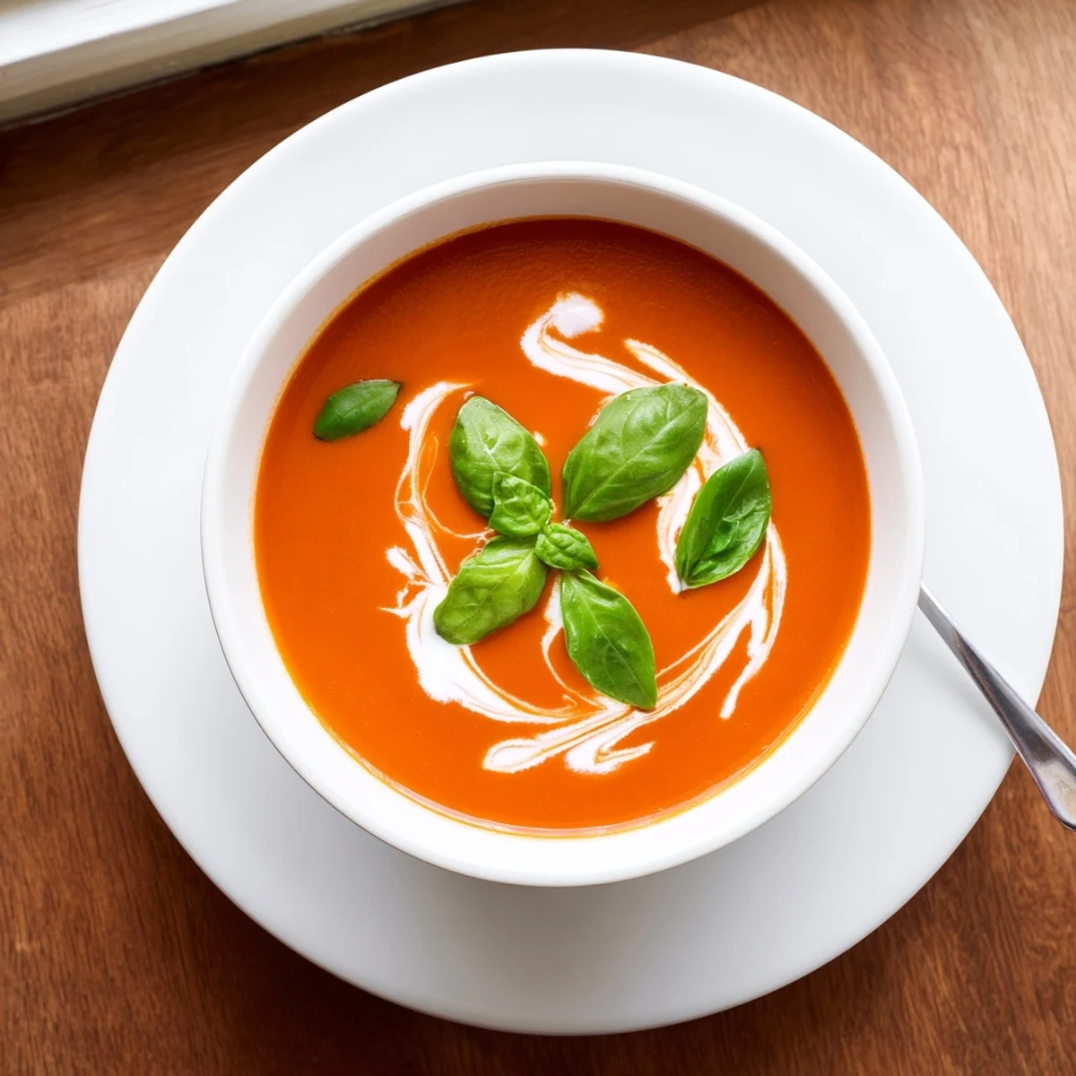 Steaming bowl of cozy tomato soup with drizzled cream and crusty bread on side