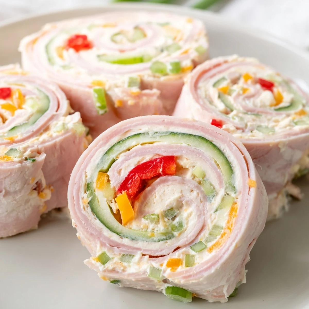 Easy keto ham roll ups arranged on serving platter with red bell pepper strips