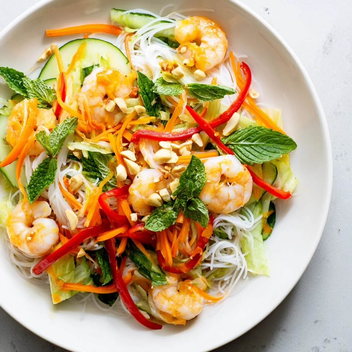 Colorful spring roll salad bowl with crisp vegetables, tender shrimp, and spicy ginger dressing drizzled over vermicelli noodles and fresh herbs
