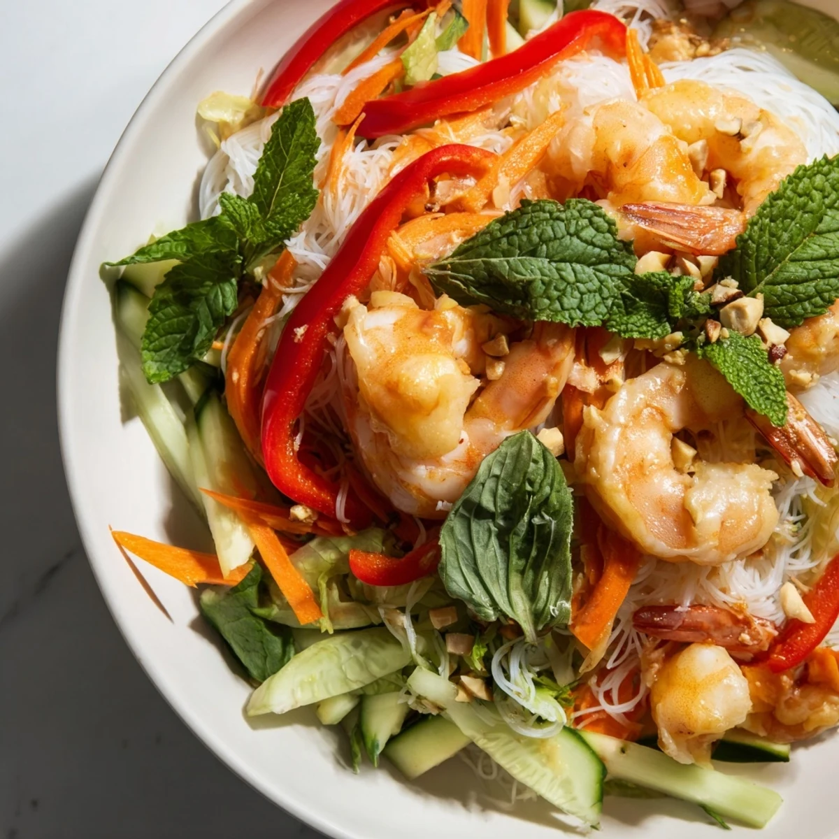 Fresh Asian-inspired spring roll salad featuring julienned carrots, cucumber, bell pepper, and plump shrimp coated in zesty ginger lime dressing