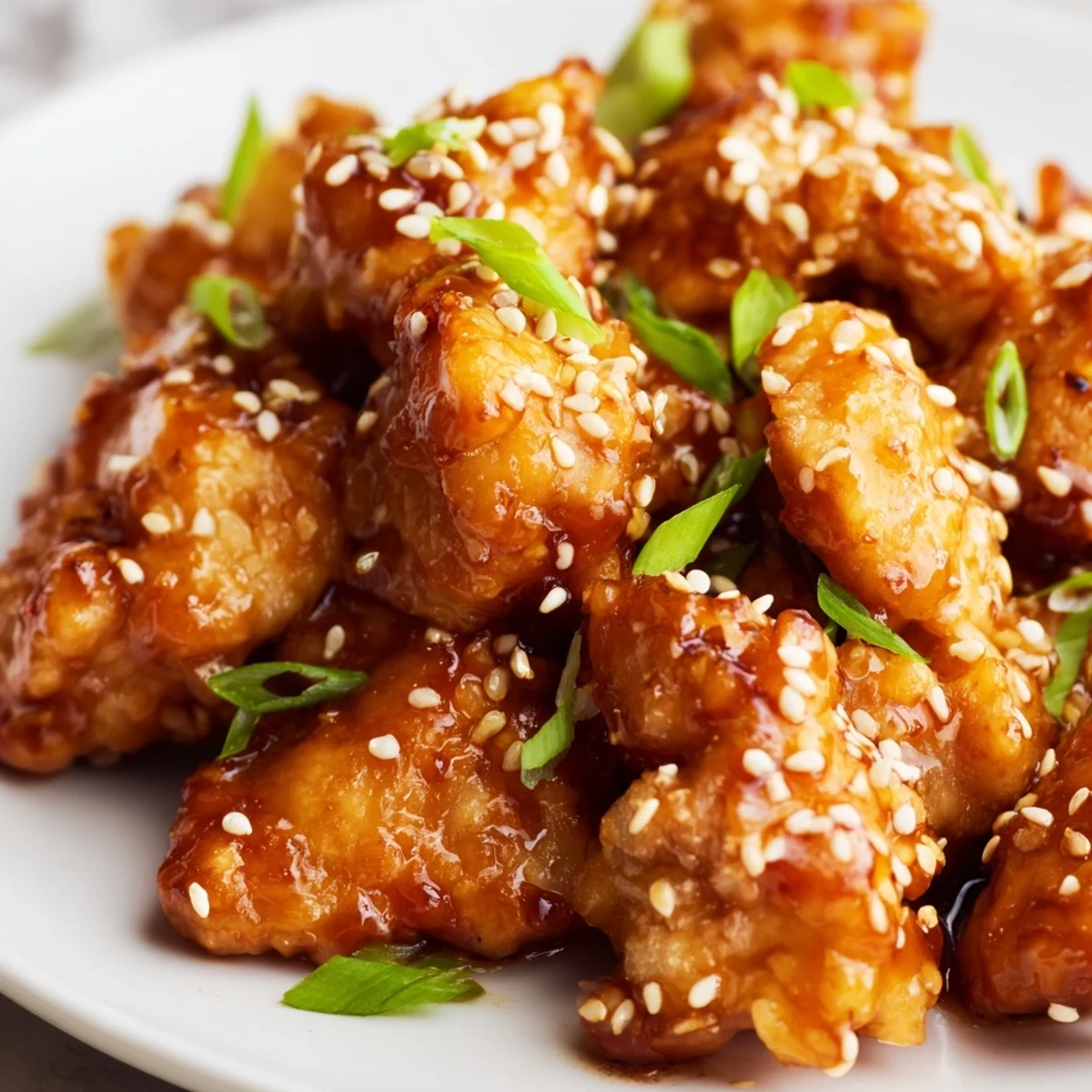 Slow cooker sesame chicken glazed in rich savory sauce with toasted sesame seed topping