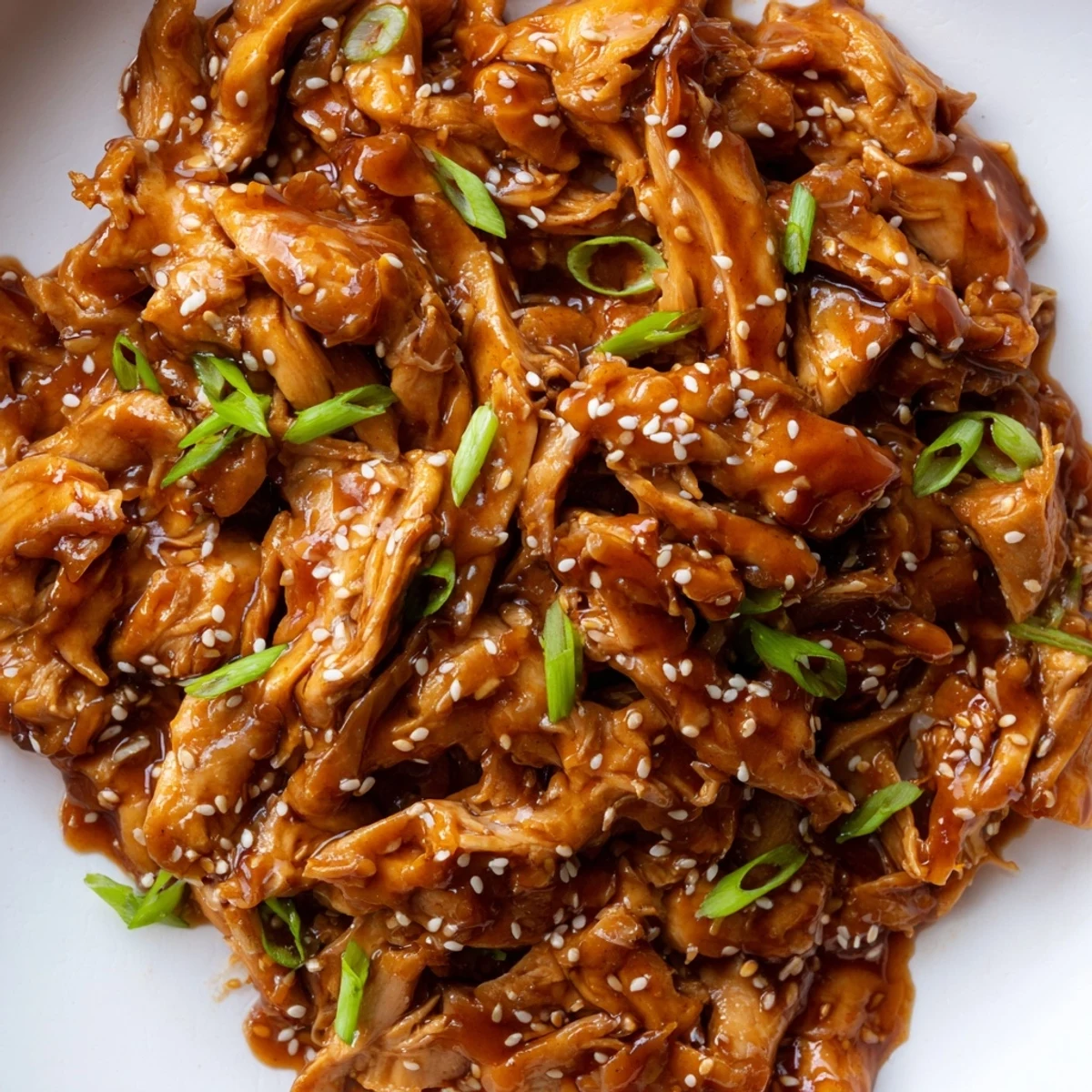 Tender shredded sesame chicken pieces coated in glossy honey soy sauce over white rice