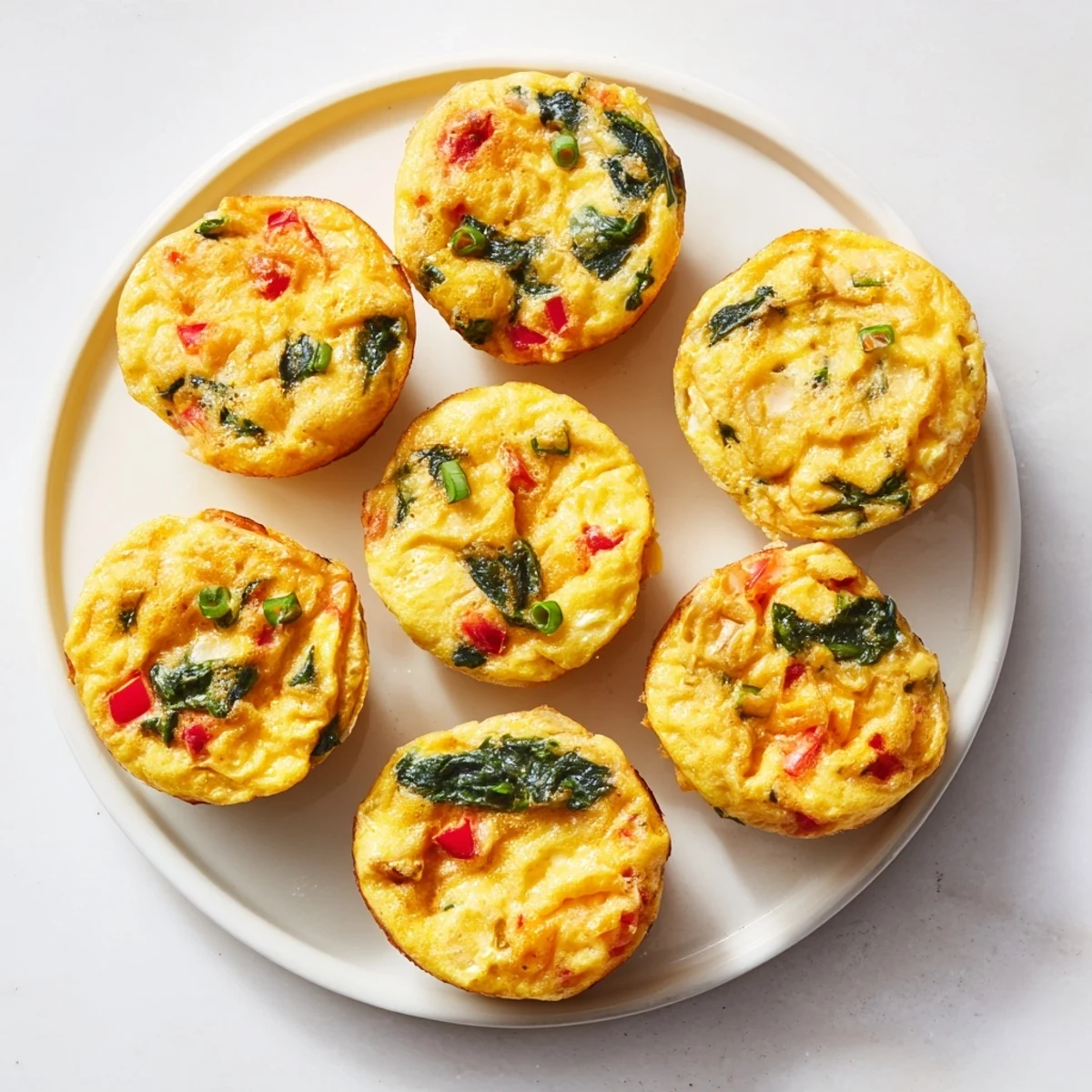 Golden brown cottage cheese egg bites with colorful spinach and red bell pepper pieces visible throughout