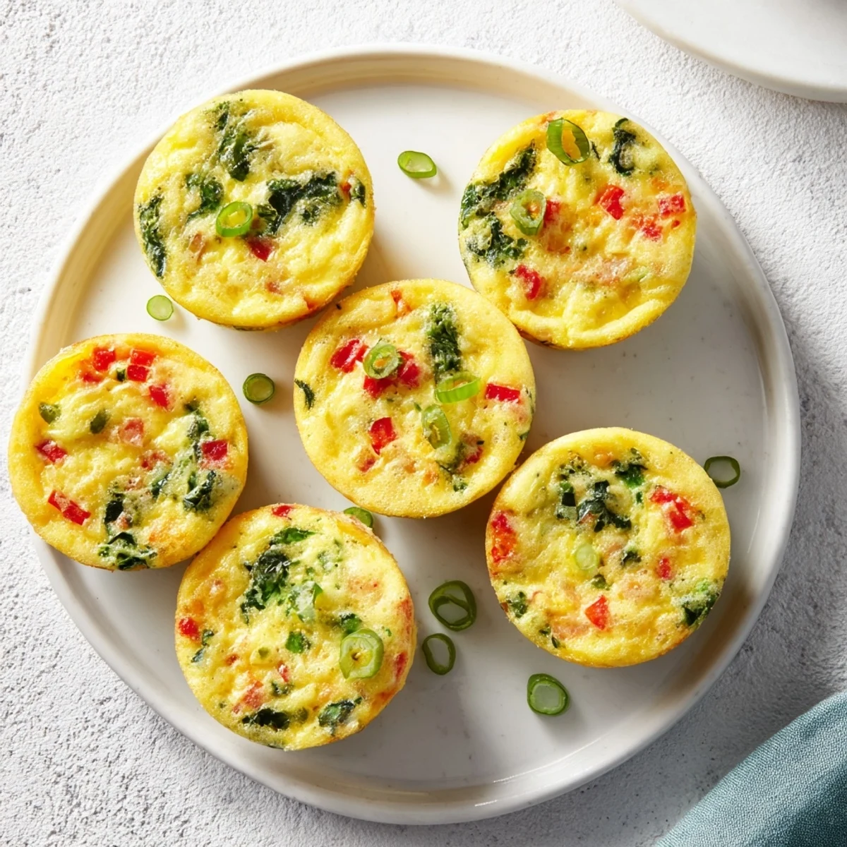 Protein-rich cottage cheese egg bites fresh from the oven with melted cheddar cheese and diced vegetables