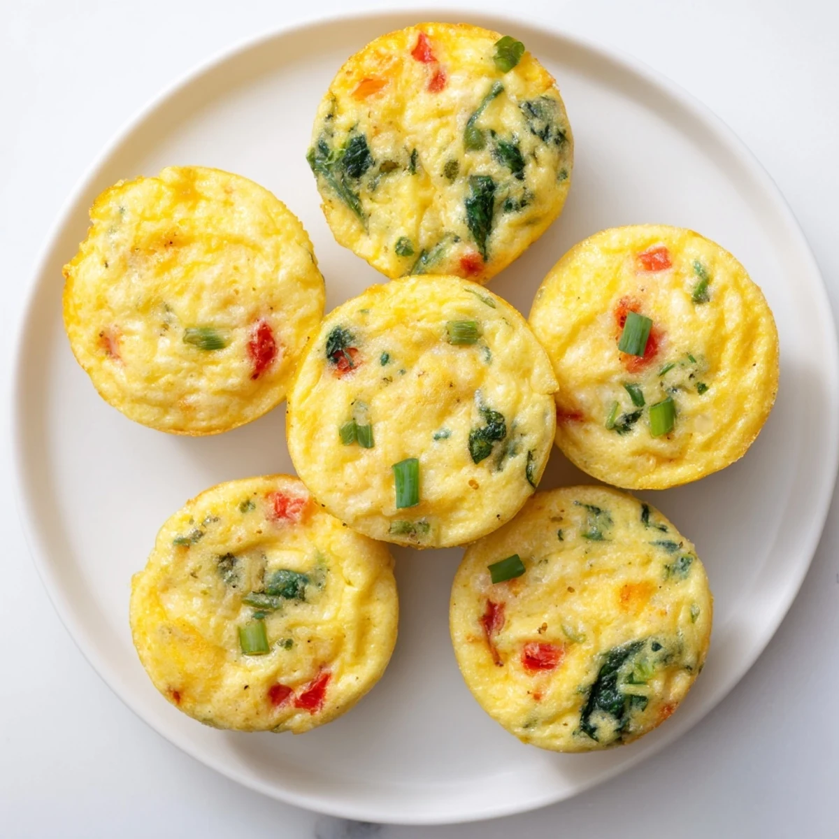 Fluffy baked cottage cheese egg bites arranged in a muffin tin, speckled with green onions and vibrant peppers