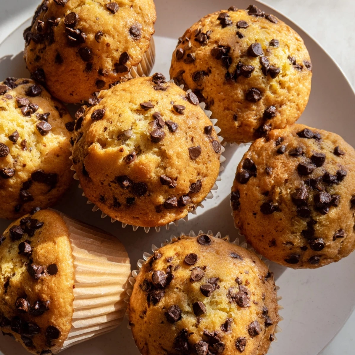 Freshly baked chocolate chip muffins overflowing with semi-sweet chunks and golden brown bakery style crumb tops