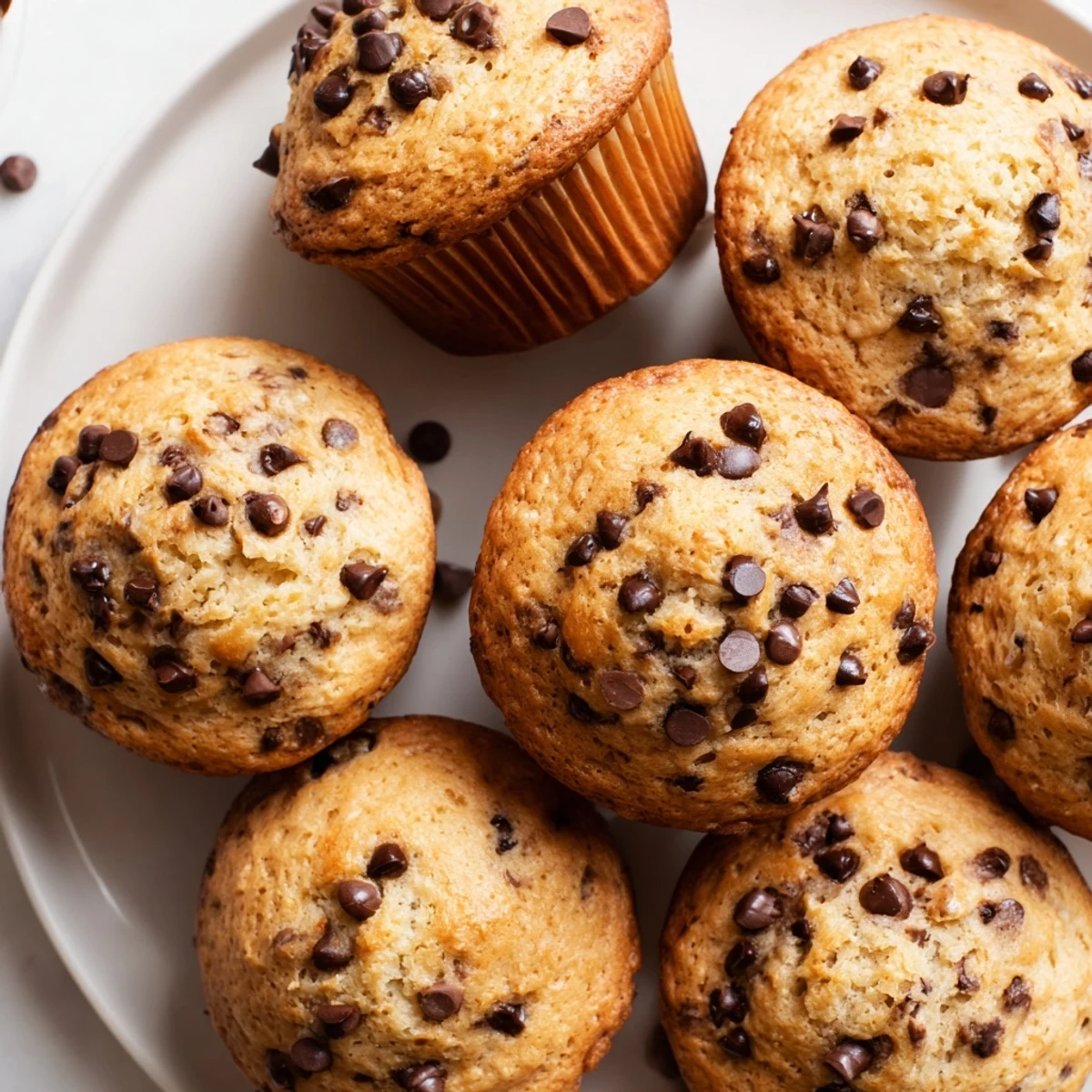 Warm chocolate chip muffins studded with melty chips and fluffy bakery style interiors ready for breakfast or snacking