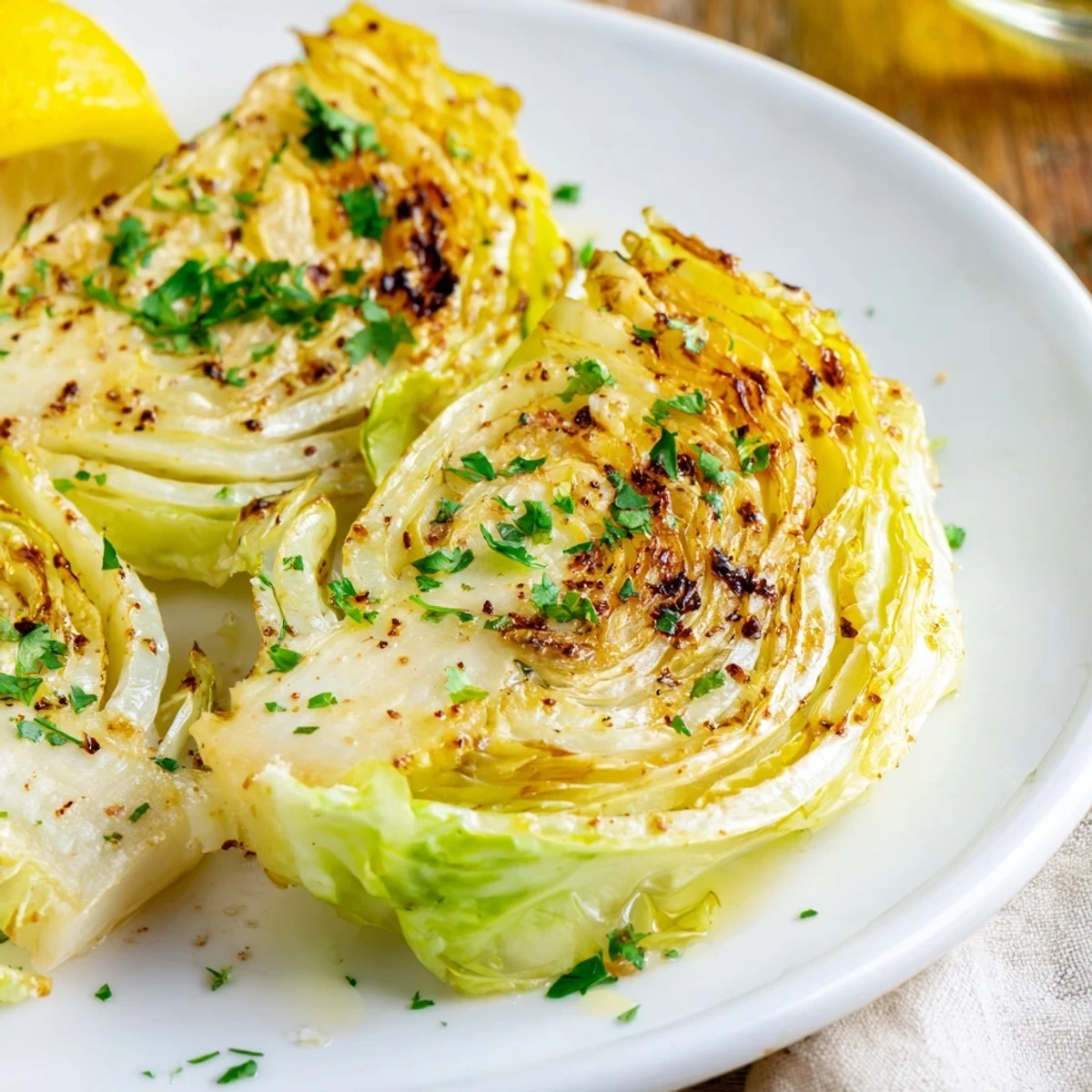 Golden brown roasted cabbage steaks with caramelized edges and seasoned with aromatic garlic and spices