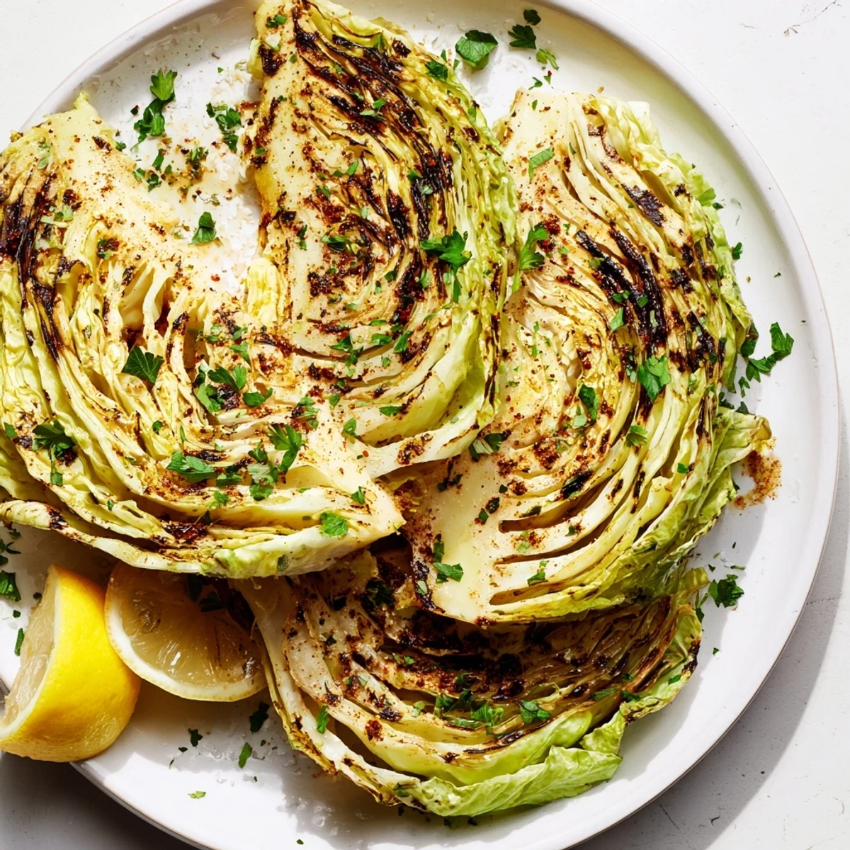 Thick slices of tender roasted cabbage arranged on a white platter garnished with fresh green parsley
