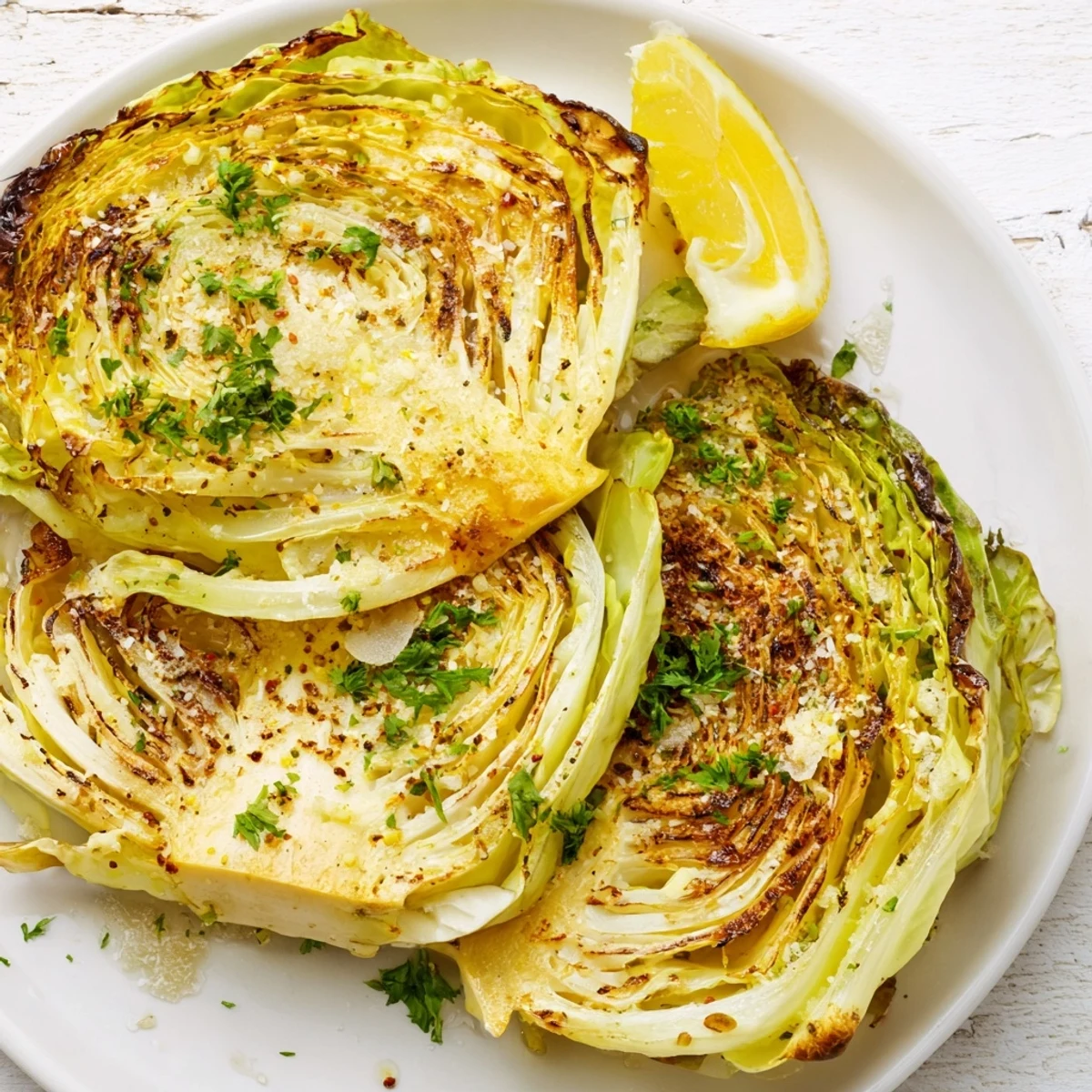 Oven-baked cabbage steaks featuring crispy edges and a golden crust finished with optional lemon wedges
