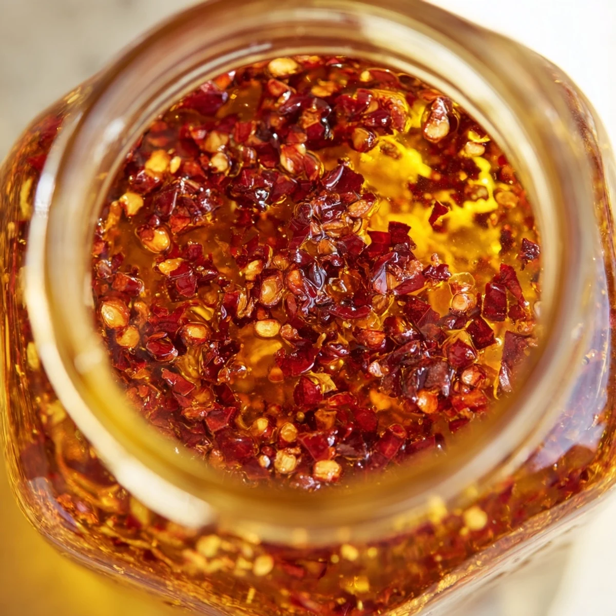 Golden homemade hot honey drizzled over crispy fried chicken with visible red chili flakes