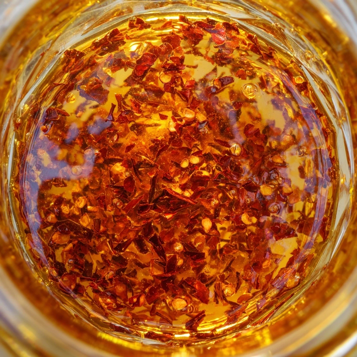 Warm amber honey with floating chili peppers poured generously over fluffy ricotta cheese crostini