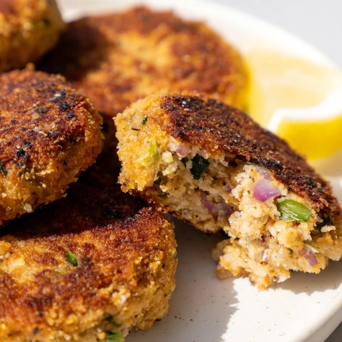 Pan-fried crispy tuna cakes with a crunchy panko exterior and tender flaky inside, ready for lunch