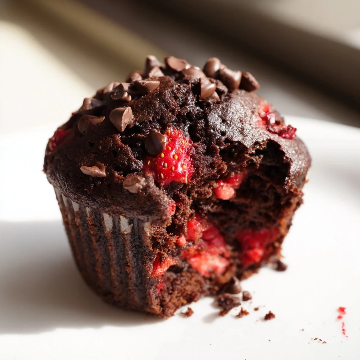 Golden Double Chocolate Strawberry Muffins cooling on wire rack with chunks of red berries visible