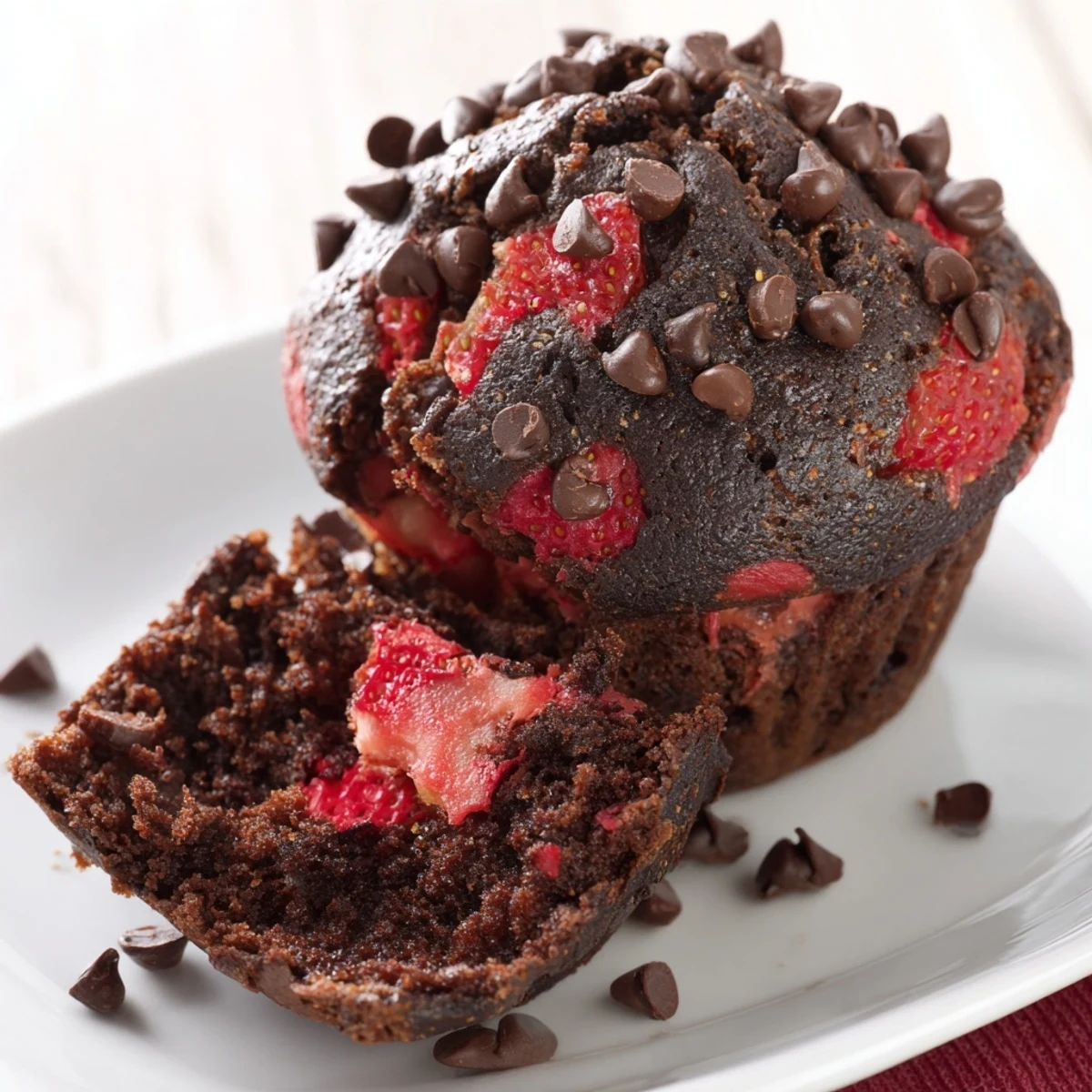 Fresh baked Double Chocolate Strawberry Muffins topped with melting chocolate chips and juicy strawberry pieces