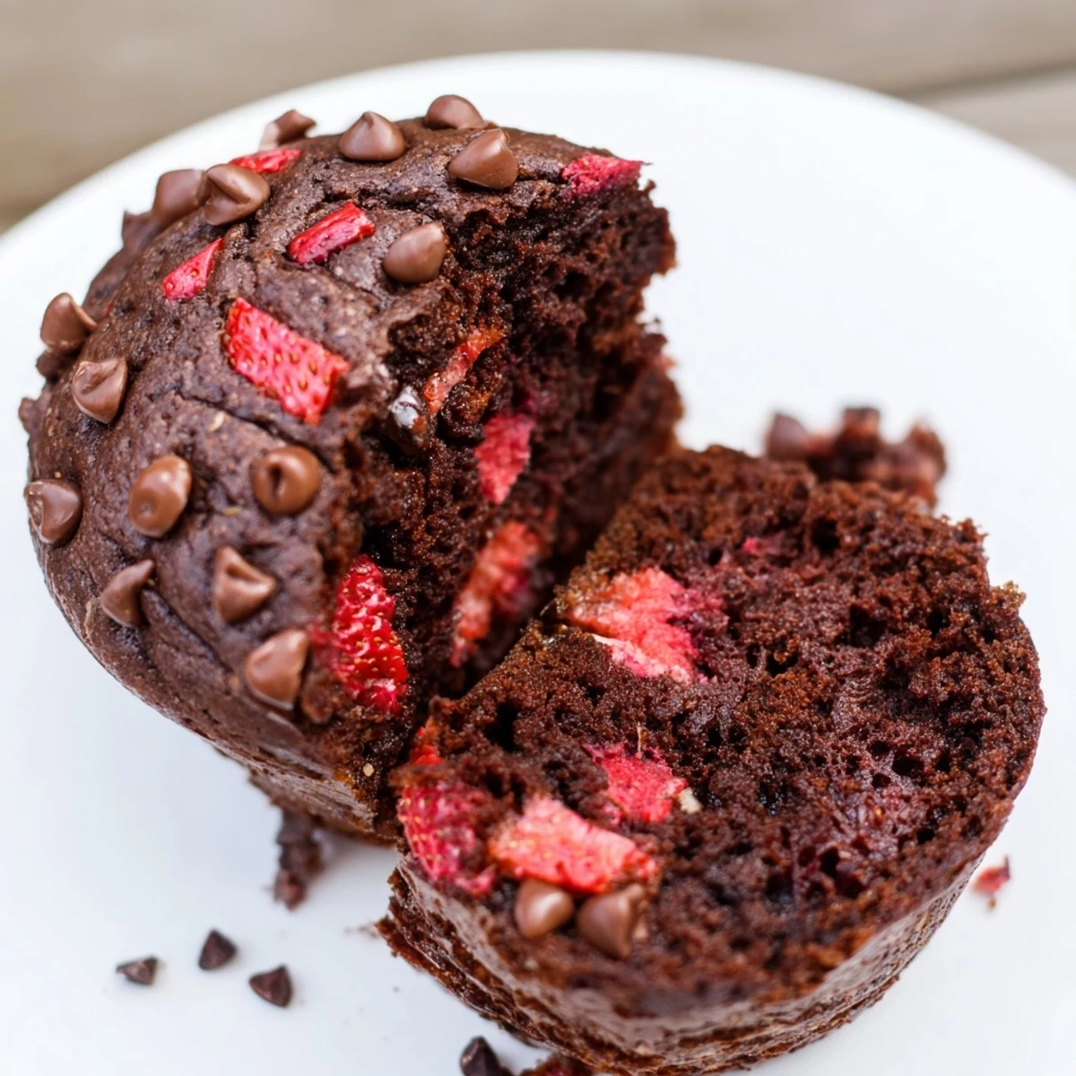 Warm Double Chocolate Strawberry Muffins with rich cocoa crumb and bursts of sweet strawberries inside
