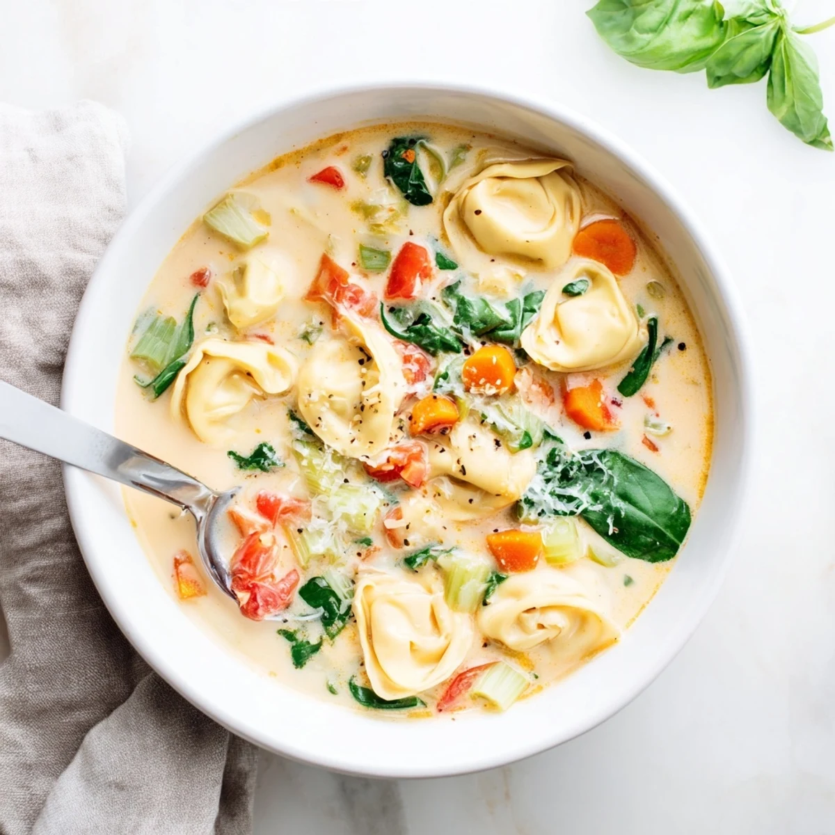 Creamy tortellini soup with cheese-filled pasta, wilted spinach, and vegetables in a rich broth.